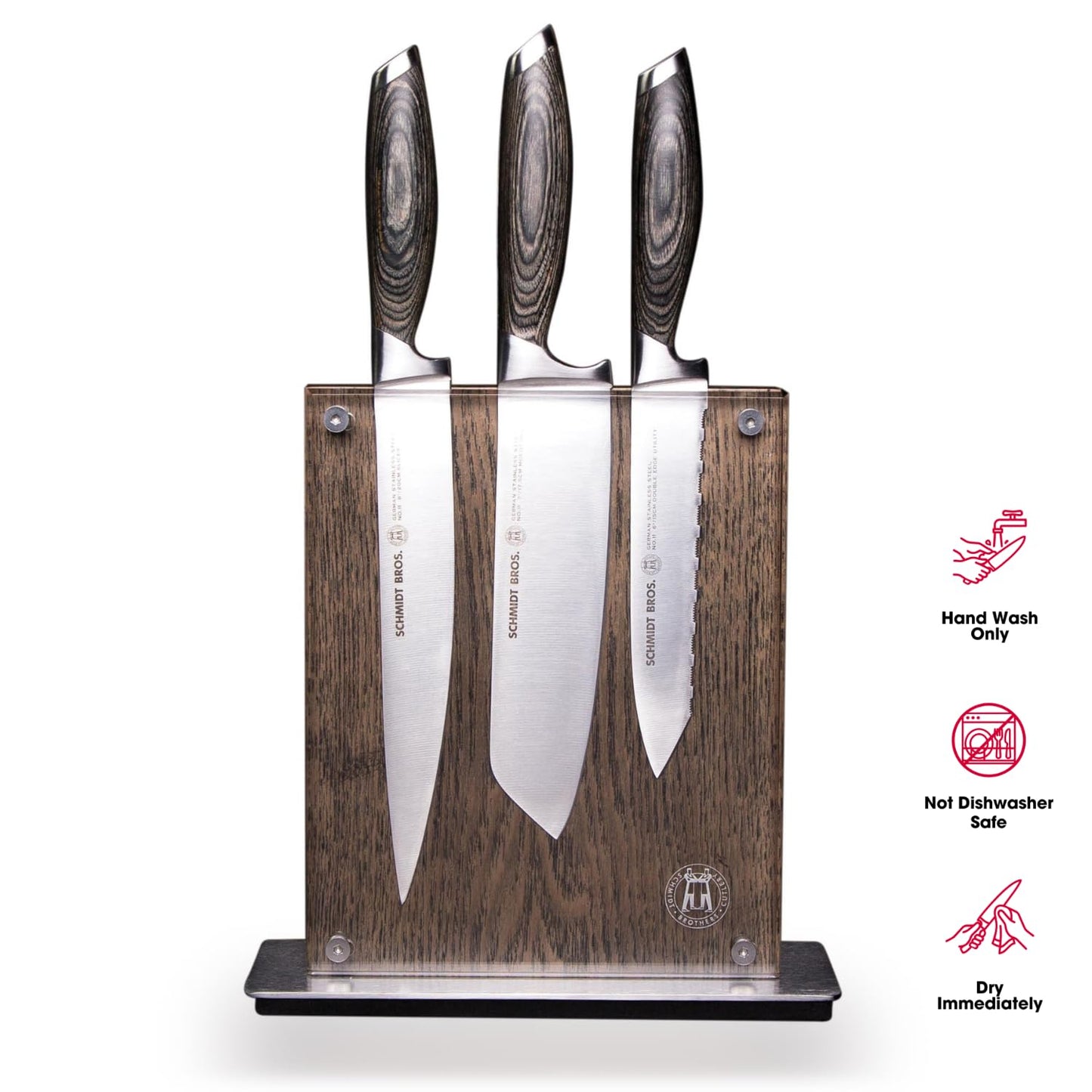 Schmidt Brothers - Bonded Ash 7-Piece Kitchen Knife Set, High-Carbon German Stainless Steel Cutlery, Ash Finish Wood Handles and Clear Acrylic Magnetic Knife Block