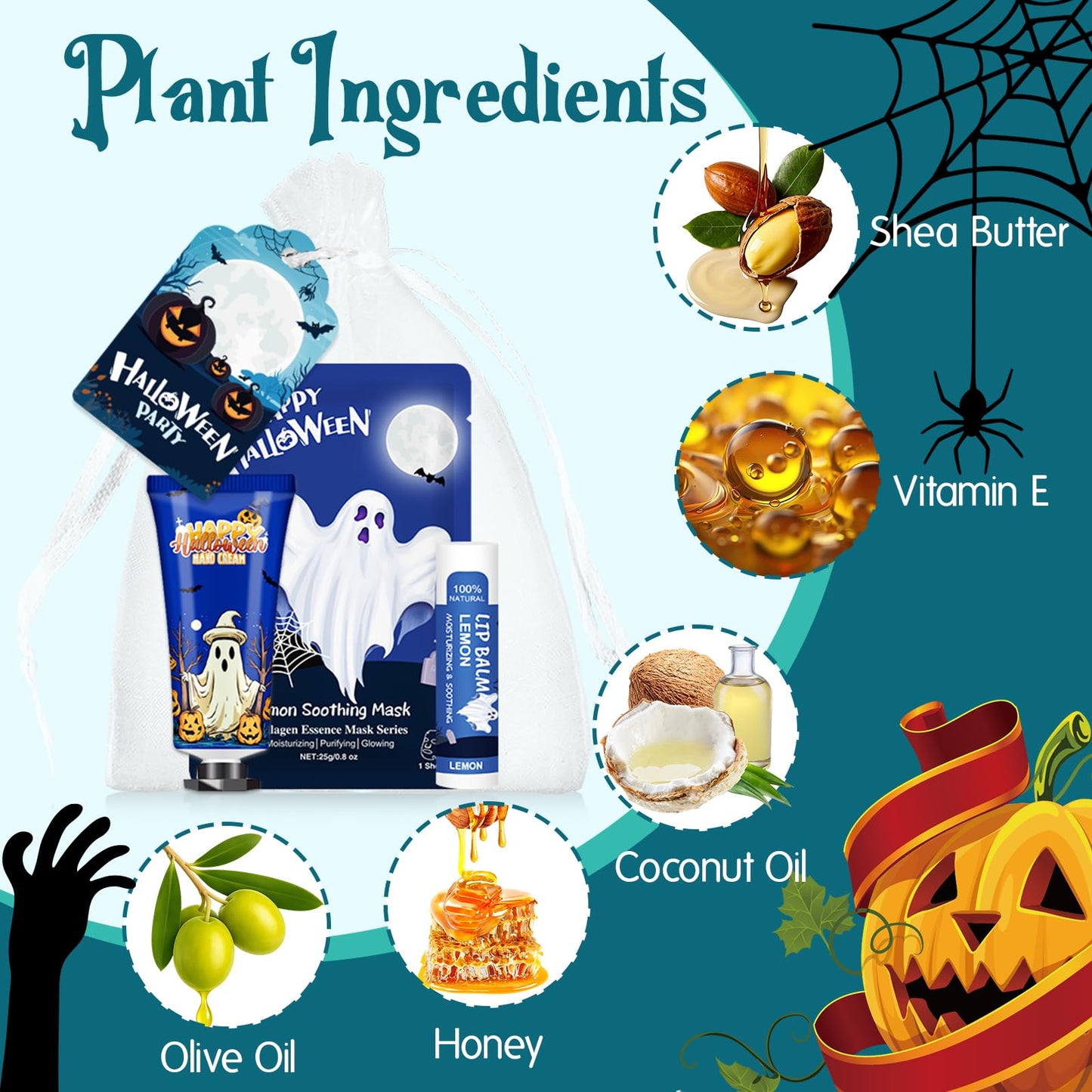50 Pack Halloween Hand Cream, Facial Mask and Lip Balm Set, Bulk Halloween Gifts for Women, Halloween Decorations, Halloween Party Favors, Halloween Basket Stuffers and Halloween Skincare