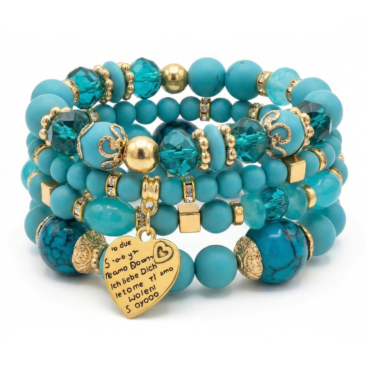 Ysenchan Bohemian Bracelet Set for Women, 4 Pcs Beaded Stackable Bracelets with Heart Charm, Stretch Bracelets, Boho Jewelry Gift – [LakeBlue]