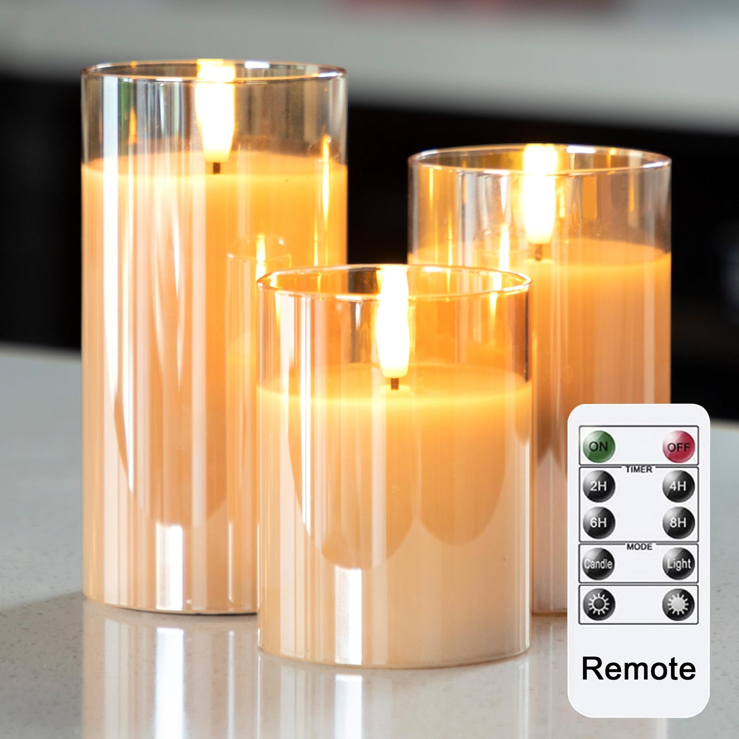 LUSHARBOR LUSHABOR Flameless Candles with Remote, 3 Pack Glass Battery Operated Candles with Timer, Real Wax Glass LED Candles Flickering Wedding Home Party Christmas D3 H4 5" 6"" Gold"