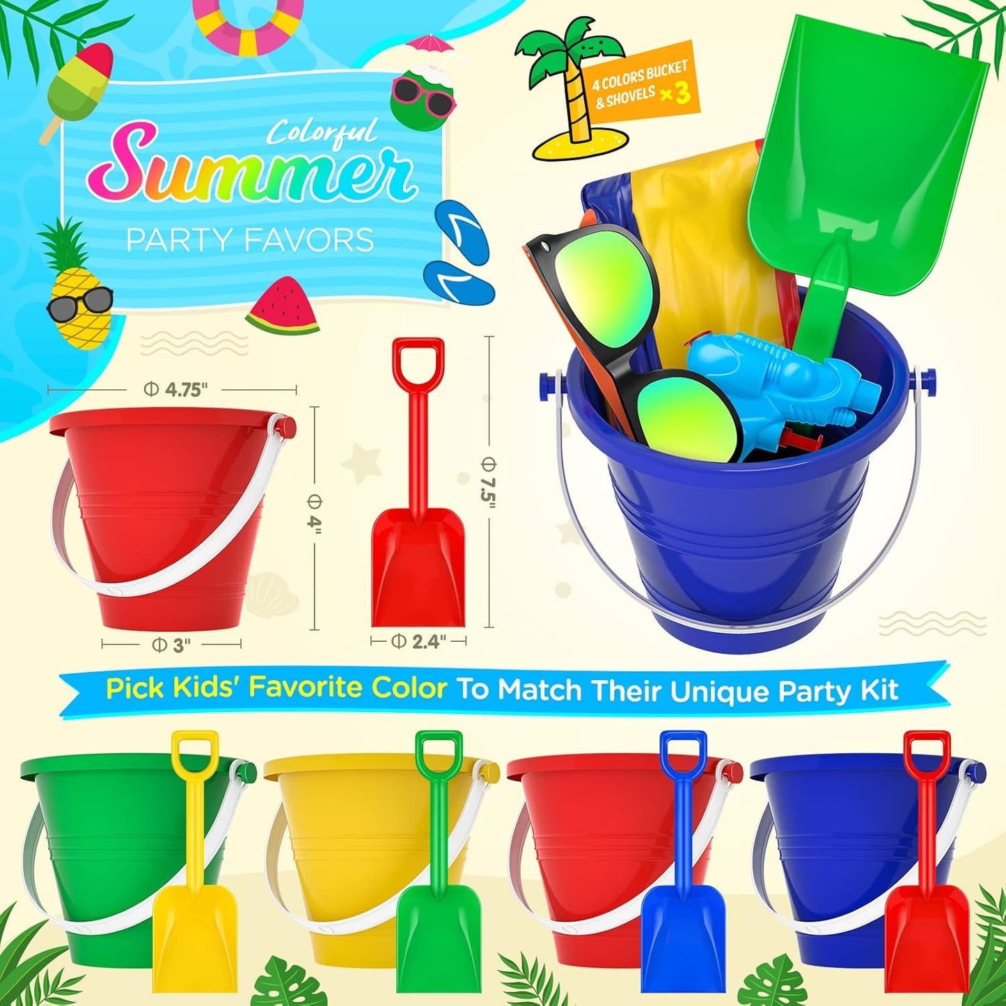 Pool Party Favors Beach Party Favors - 60 PCS Pool Toys For Kids Ages 3-8 Beach Balls Bulk, Sand Bucket and Shovels Set, Kids Sunglasses Bulk, Beach Summer Toys, Pool Party Supplies,Sand Toys