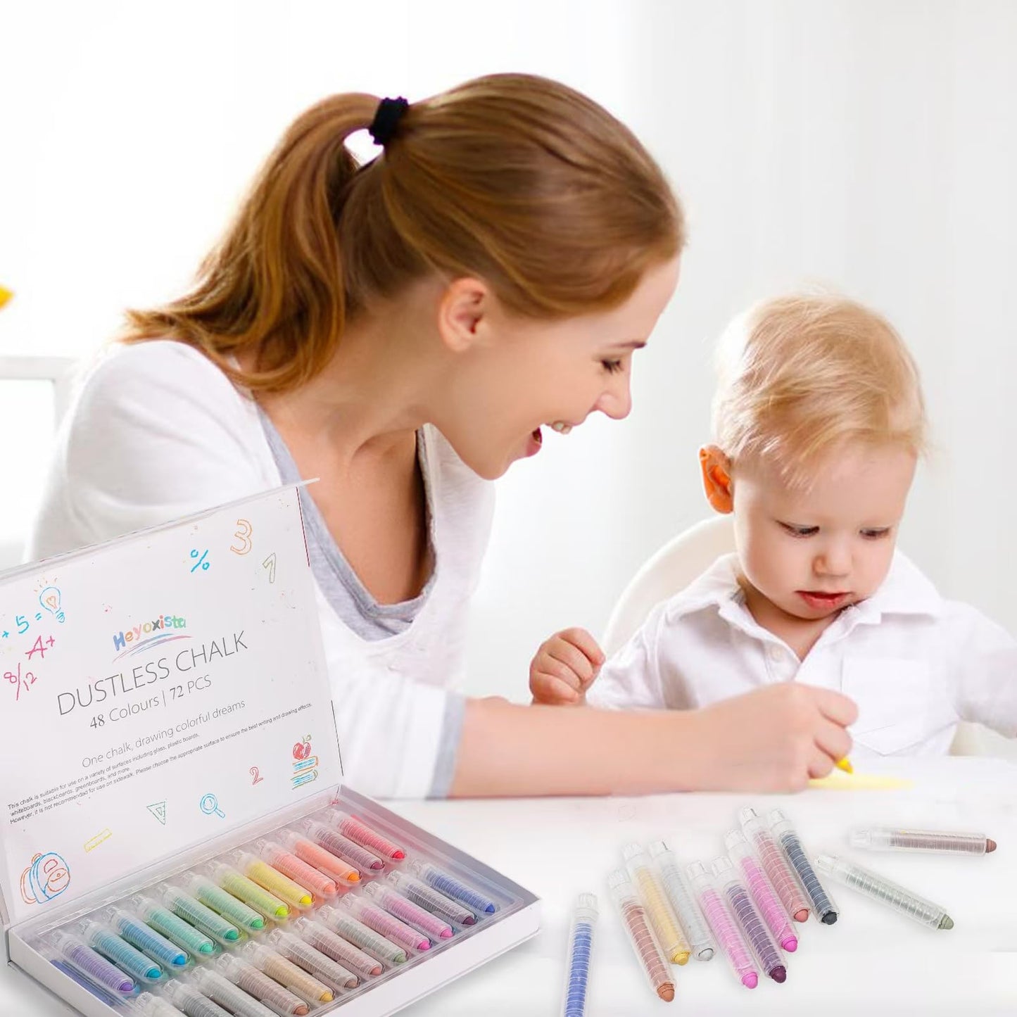 Heyoxista Dustless Wet Erase Chalk Set for Kids - 72 Pcs Vibrant Glass Markers with 24 Finger Grips | Non-Toxic Drawing Kit for Windows, Whiteboards & Smooth Surfaces | Removes Easily with Damp Cloth