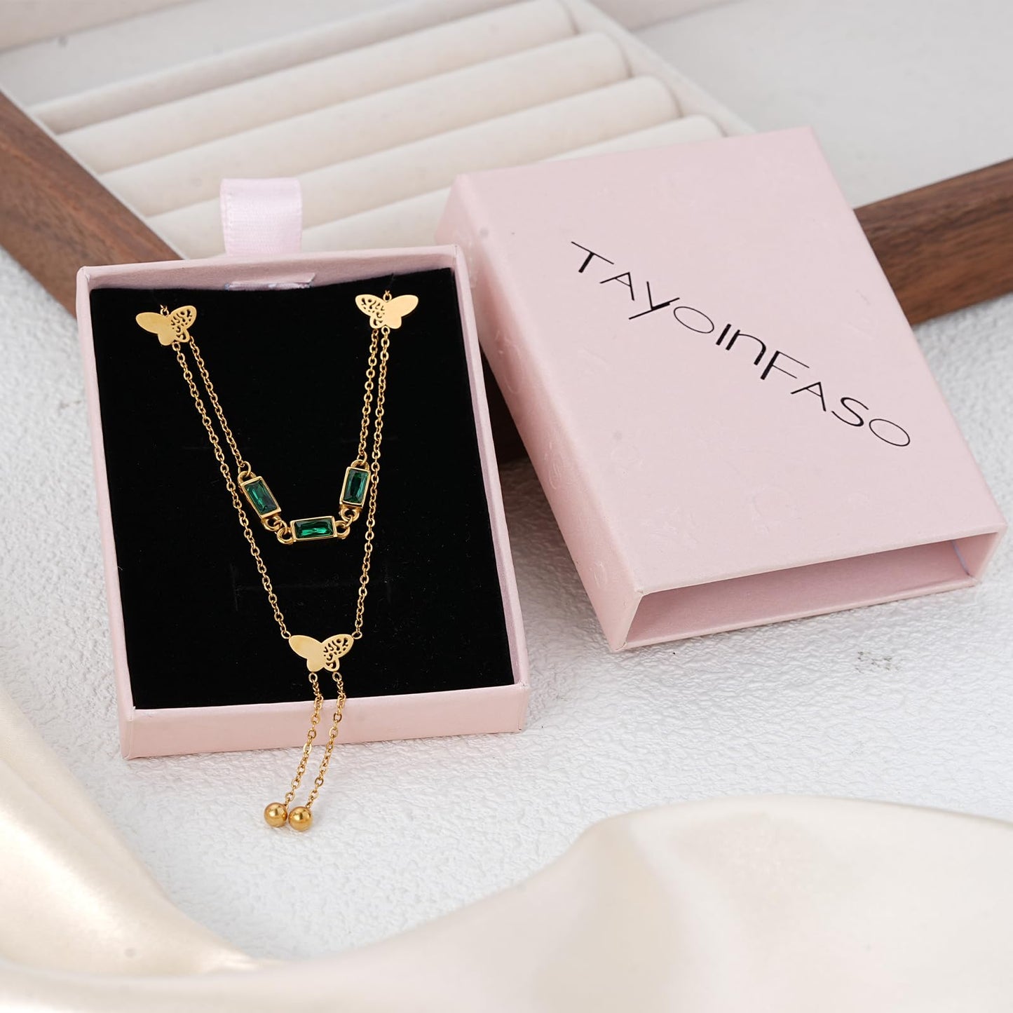 TaYolnFaSo 18K Gold Plated Double Layered Y Lariat Necklace Emerald Cut Green CZ Choker Butterflies Lariat Necklace Christmas Jewelry Gift for Women