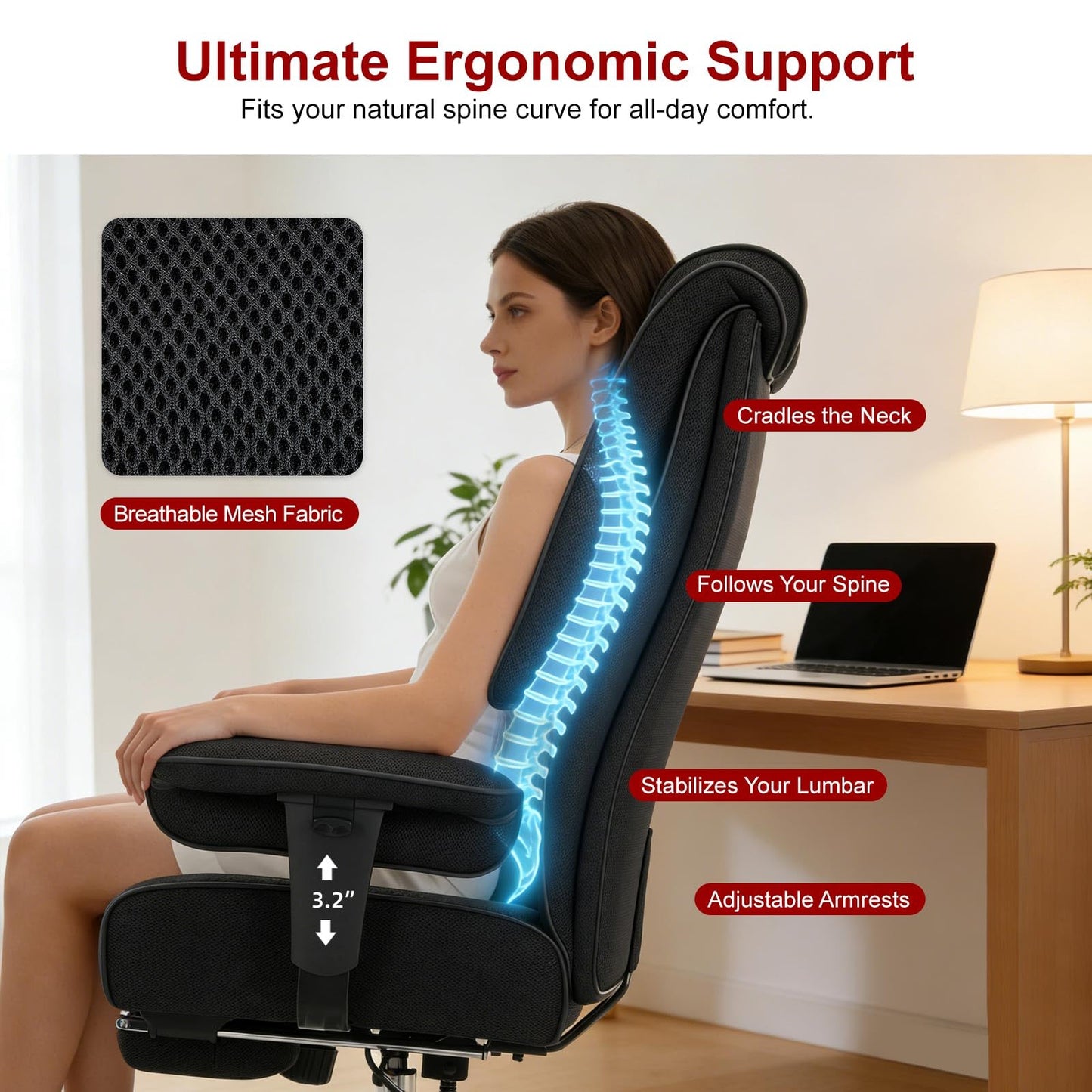 EXCEBET Big and Tall Office Chair 400lbs Wide Seat, Leather High Back Executive Office Chair with Lumbar Support, Ergonomic Chairs Padded Armrests & Thick Cushion (Mesh Dark Black)