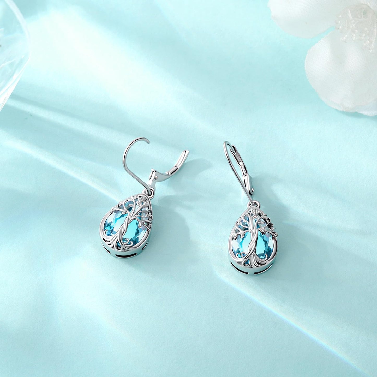 Eusense Sterling Silver Teardrop Dangle Birthstone Aquamarine Earrings Leverback Tree of Life Earrings for Women Sterling Silver Jewelry Gift Everyday Wear