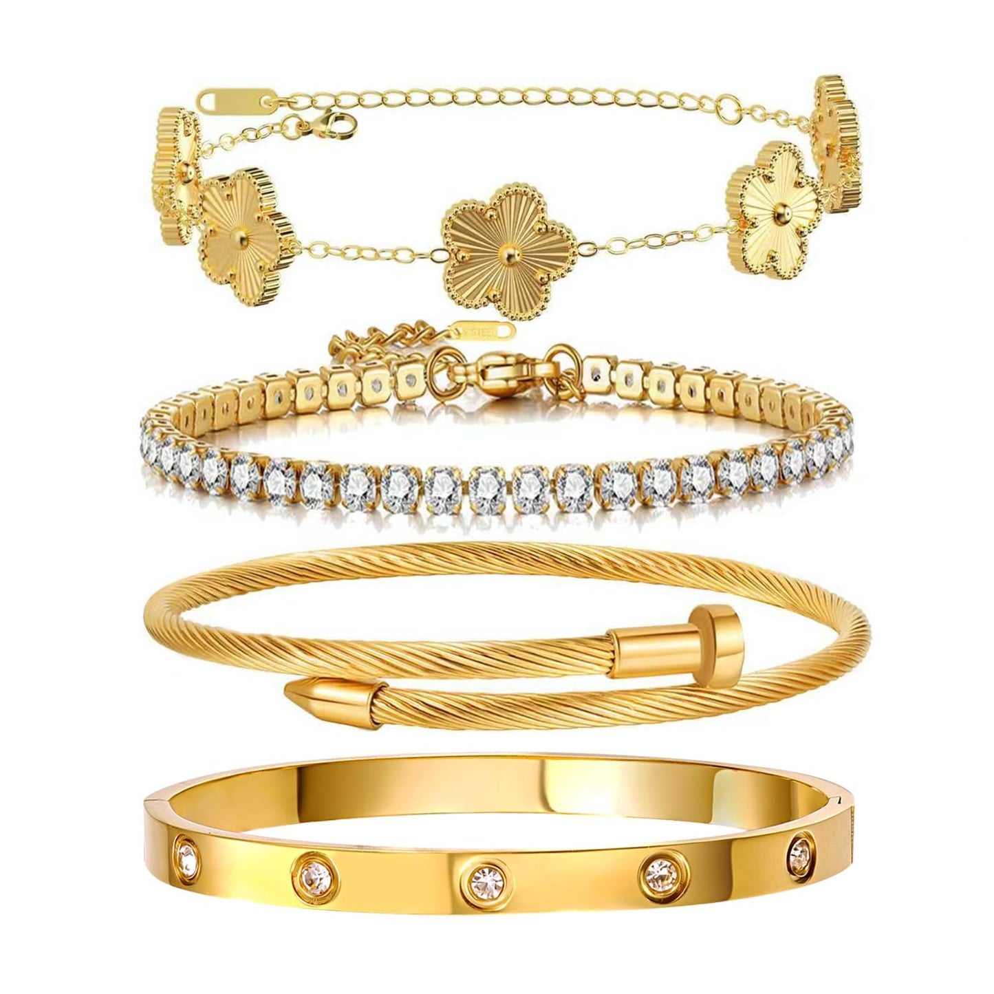 Zesnoy 18K Gold Plated Womens Stackable Floral Gold Clover Bracelets Set Love Bangle Bracelets Non Tarnish, Bracelet Set Trendy Jewelry, Gifts for Women's Day and Mother's Day