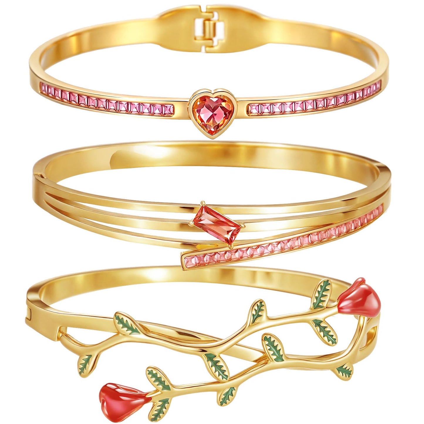 hotoo Rose Floral Stackable Bangle Sets For Women - 18K Gold Plated Stainless Steel Bangle Bracelets Sets Red Heart Gold Bangle Set For Christmas Mother's Day Trendy Jewelry Gifts