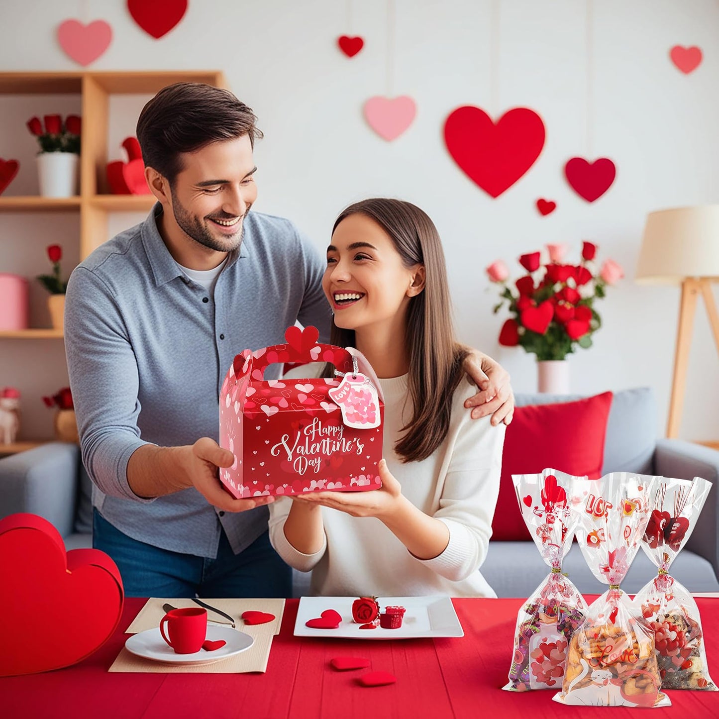 Wlicon Valentine’s Day Gift Treat Boxes, 24 Pcs Valentines Candy Boxes with 48 Pcs Valentine Cellophane Bags Heart Prints Cookies Box with Handles for Romantic Love Wedding Valentine Party Favor Decor