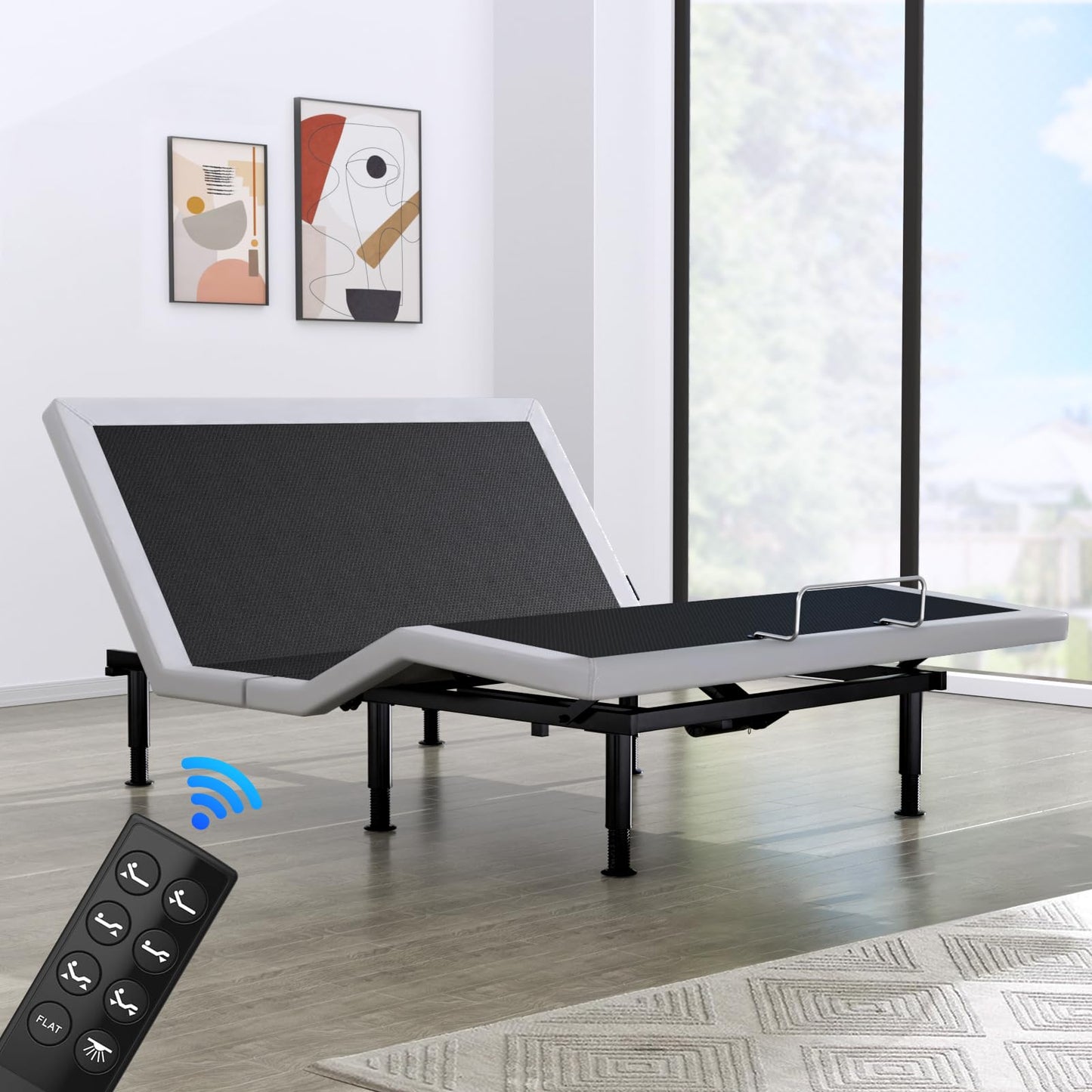 Yiree Full Adjustable Bed Base Frame, Wireless Remote & Lift Motor, Dual USB Ports,Ergonomic Upholstered Bed Frame, Under Bed Lighting, Independent Head and Foot Tilt