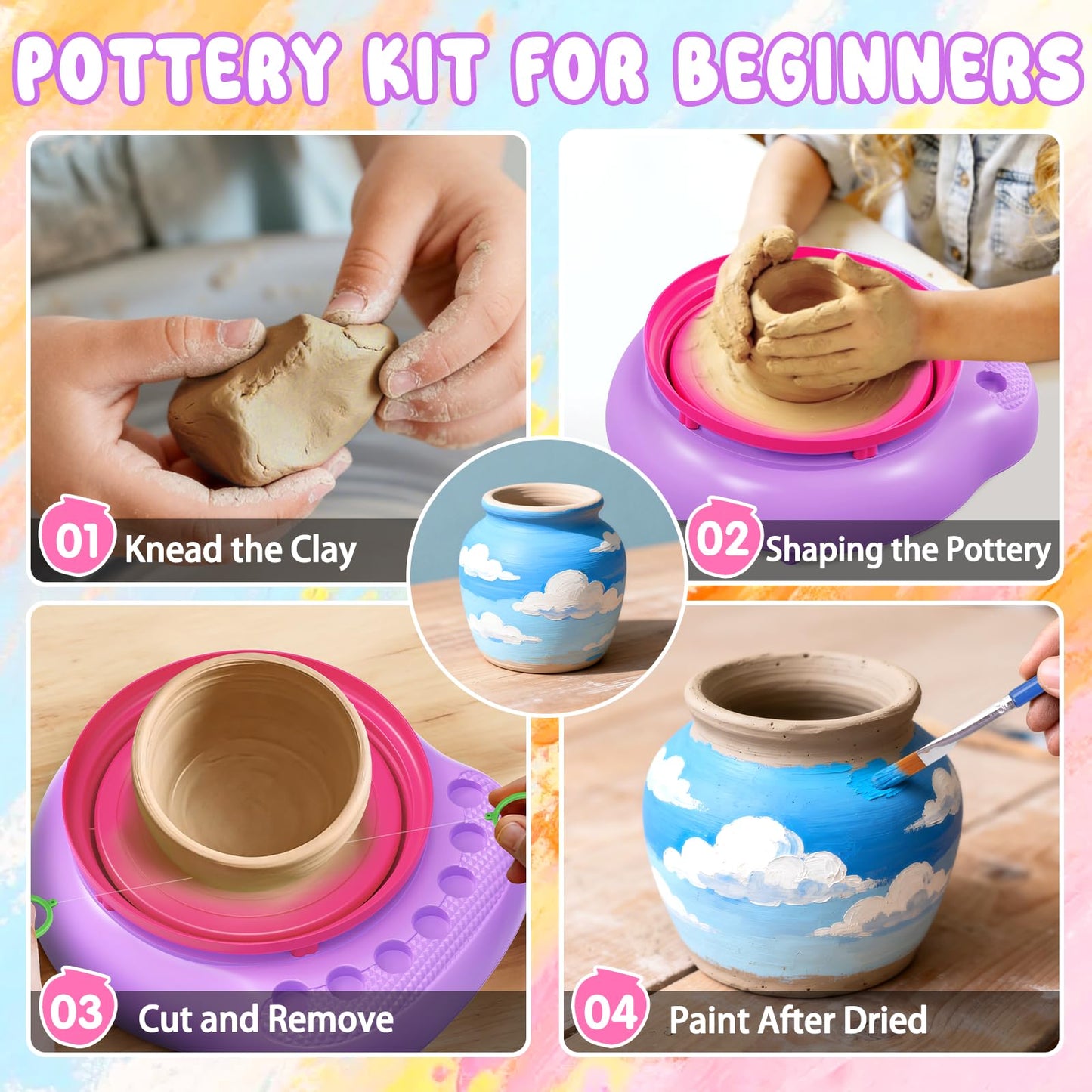 Pottery Wheel for Kids Complete DIY Pottery Painting Kit, Arts and Crafts for Kids Ages 8-12 with 3 Air-Dry Clay Packs and Tools, Art Supplies Toys Birthday Easter Gift for Boys Girls 6+ Years Old