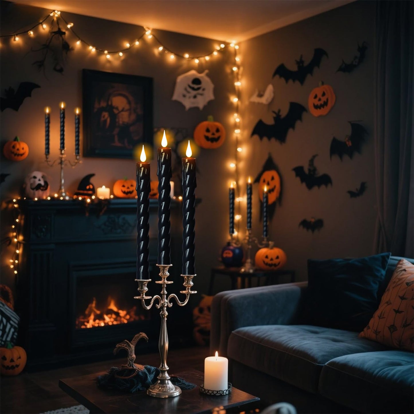 DRomance Flickering Flameless Taper Candles with Remote and Timer, 2 Pack Battery Operated LED Taper Candles 3D Wick Plastic Dripping Effect Dinner Halloween Indoor Decor(Black, 0.78" D x 9.65"" H)"