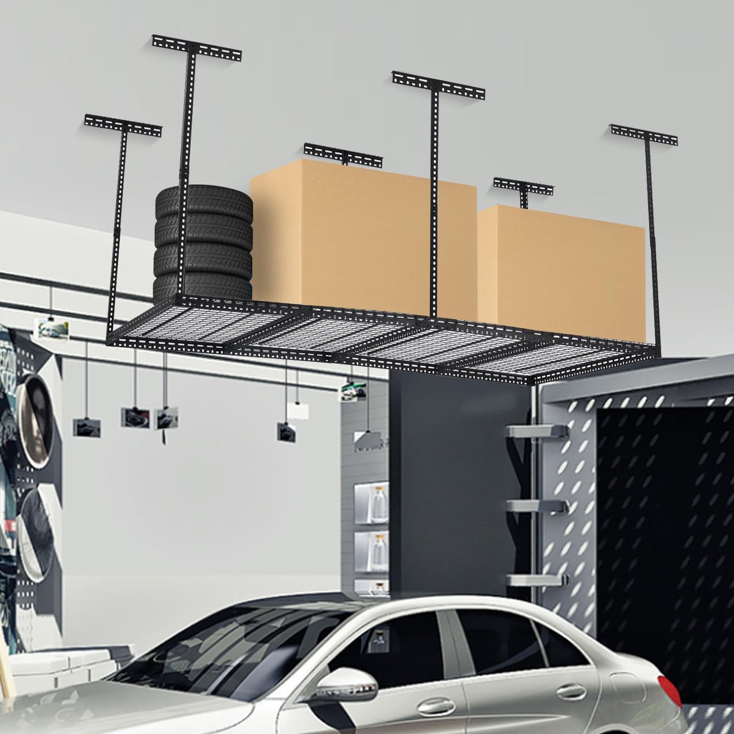 Garage Storage Rack 4x8 ft Overhead Ceiling Mounted Storage Racks Adjustable Garage Storage Organization of Heavy Duty Metal 600Lbs Weight Capacity