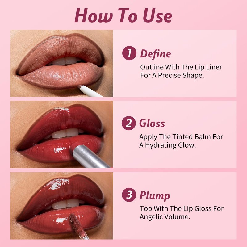 KIMUSE 3 Pack Lip Combo Set, 3-Step Plumping Korean Lip Kit, Waterproof Long-Lasting Satin Finish Lip Makeup Kit, Non-Sticky Lightweight Formula for Plump Hydrated Lips, Gift Ready (Berry Mousse Set)