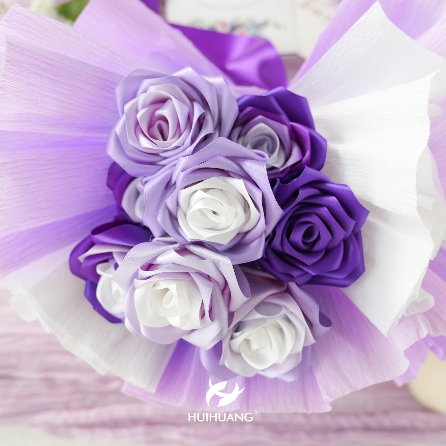 HUIHUANG Purple Ribbon 1-1/2 inch Lilac Purple and White Satin Ribbon Assorted for Flower Bouquet, Gift Wrapping, Bows, Crafts, Eternal Flowers, Bridal Shower Wedding Decor- 6 Rolls, Total 30 Yards