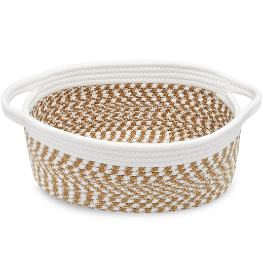 ABenkle Small Basket, 12"x 8" x 5" Cute Small Woven Basket, Rope Room Shelf Storage Basket, Cat Dog Toys Basket Chest Box, Decorative Empty Gift Basket with Handles