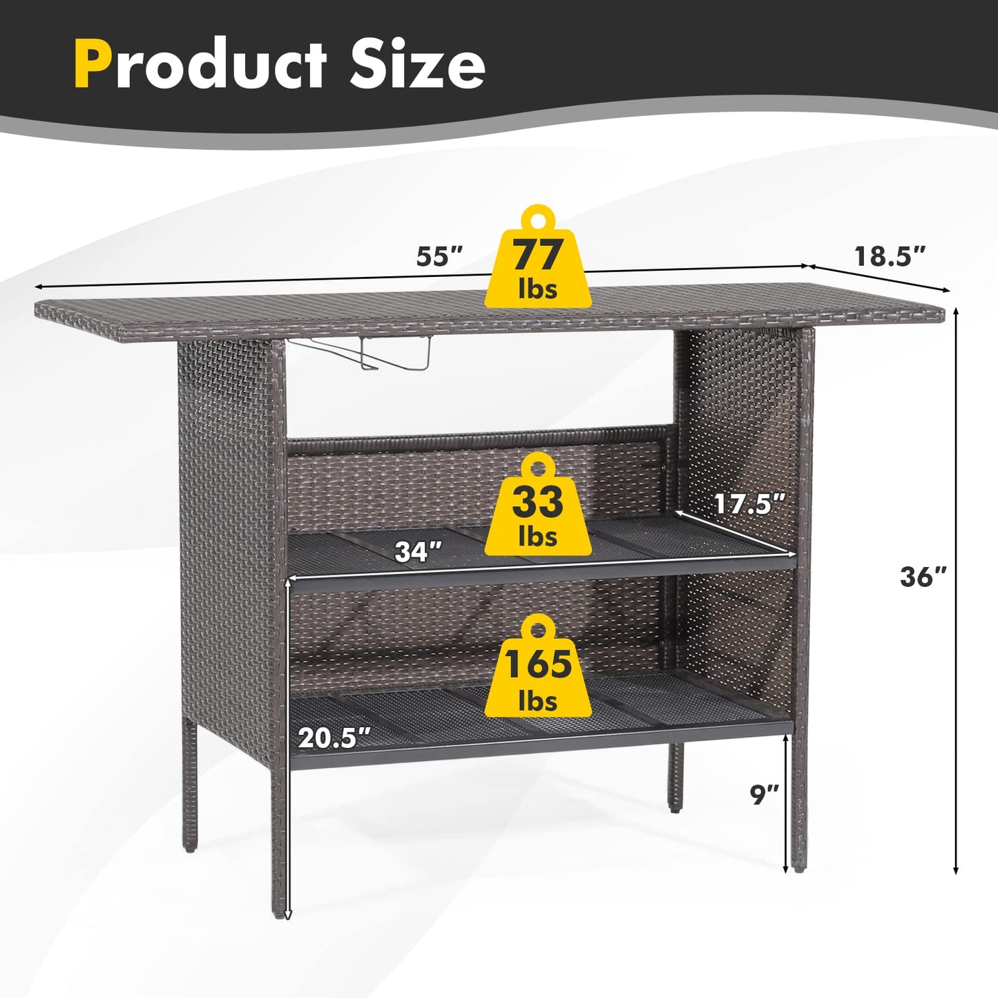 FANTASK Outdoor Wicker Bar, Paito Bar Table w/2 Storage Shelves, 2 Sets of Rails and Condole Cup Holders, Rattan Bar Counter Table for Backyard, Poolside, Garden