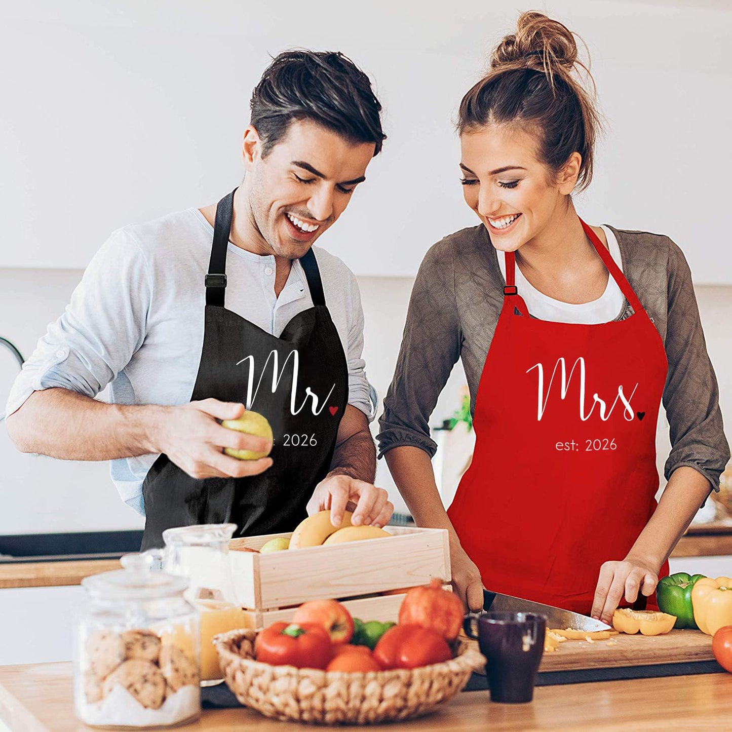 Prazoli Products Mr Mrs Apron Set - Engagement Gifts, Wedding & Bridal Shower Gifts for Couple (Mr. & Mrs. Est: 2026 - Red, Standard)