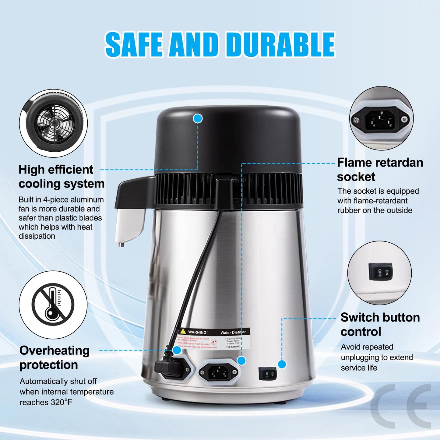DC House Distilled Water Machine 1 Gallon, Stainless Steel Water Distiller for Home Countertop 110V 750W Purifier for Humidifier Office CPAP with Smart Switch, Glass Pot