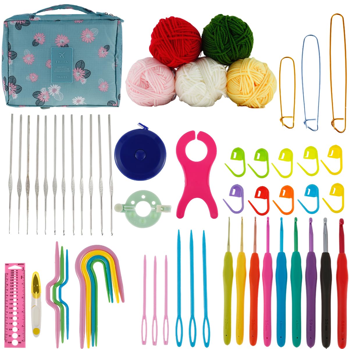 Abizarch 59 Pcs Crochet Hooks Kit for Beginners Adults, Knitting Starter Kit for Adults Ergonomic Soft Grip Handle Crochet Tools, DIY Weave Yarn Kits with Carry Bag, Travel Knitting Crochet Supplies