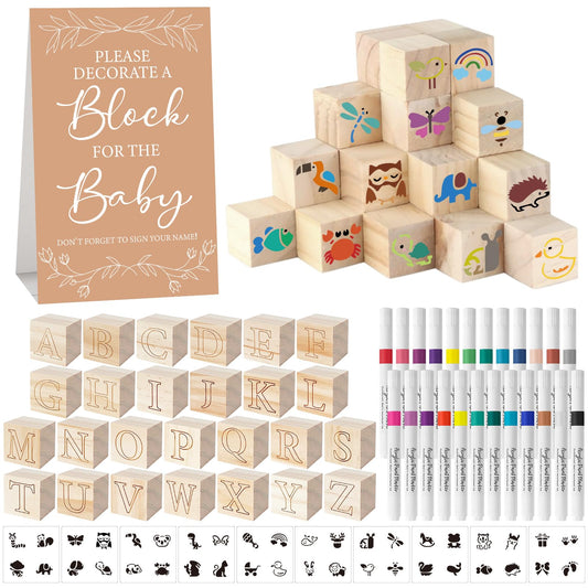 Aisharery 117 Pcs Baby Shower Blocks to Decorate Game Kit Includes 52 Wooden Blocks 24 Markers 1 Game Sign 40 Templates to Paint (Kraft)