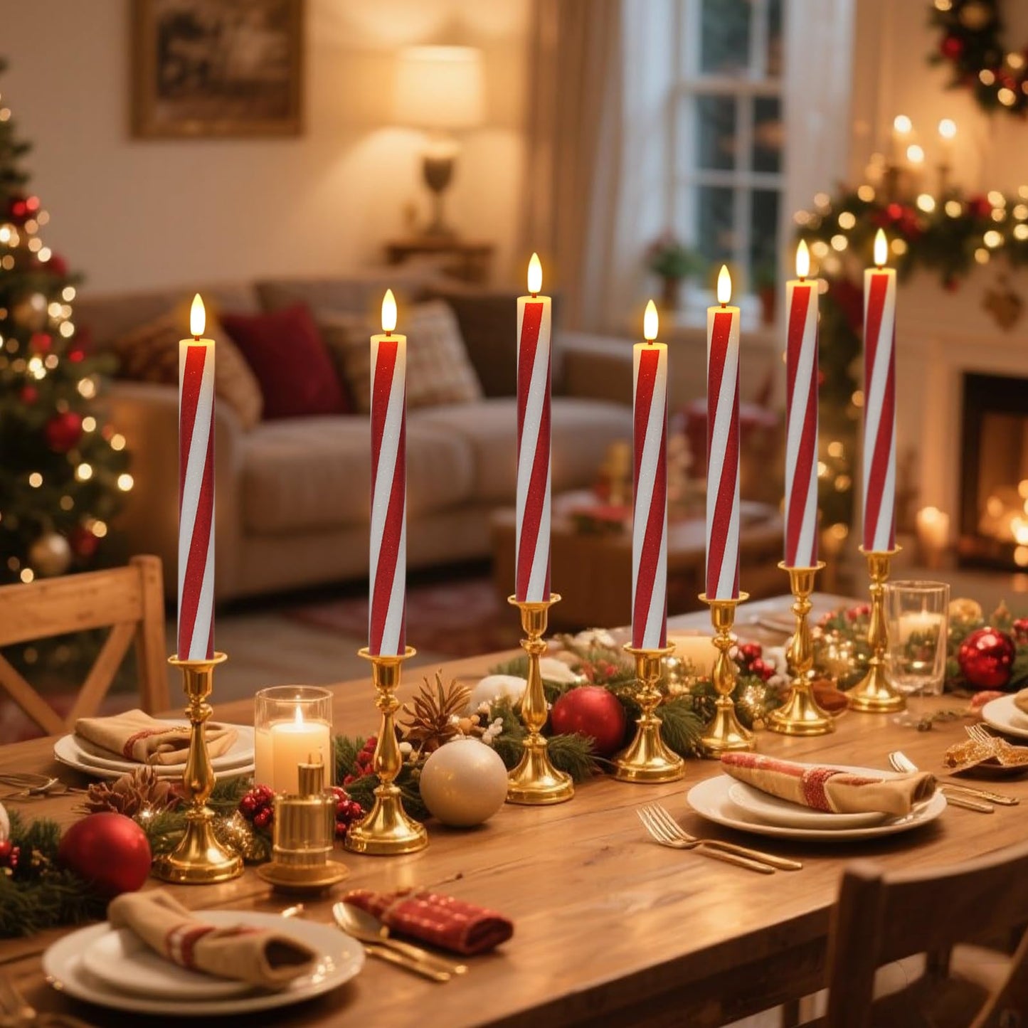 DRomance Christmas Flameless Taper Candles Flickering Battery Operated with Remote Timer, 2 Pack Real Wax 3D Wick LED Taper Candles Candy Cane Decals Holiday Indoor Dinner Decor(0.76" D x 9.65"" H)"