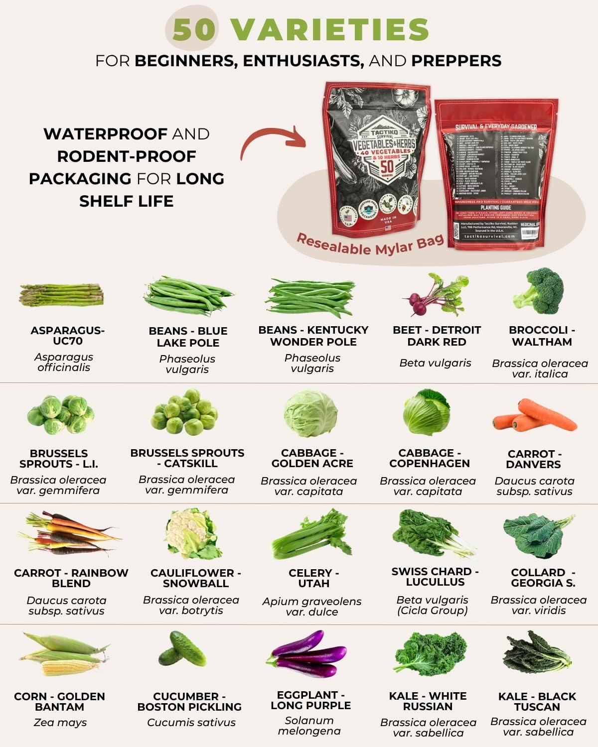 50 Tactiko Survival Vegetable, Herb & Fruit Seed Kit - U.S.A. Harvested Varieties - 37,000+ Non-GMO Heirloom Seeds - Emergency Seed Vault in Waterproof Mylar Bag - Long-Term Storage