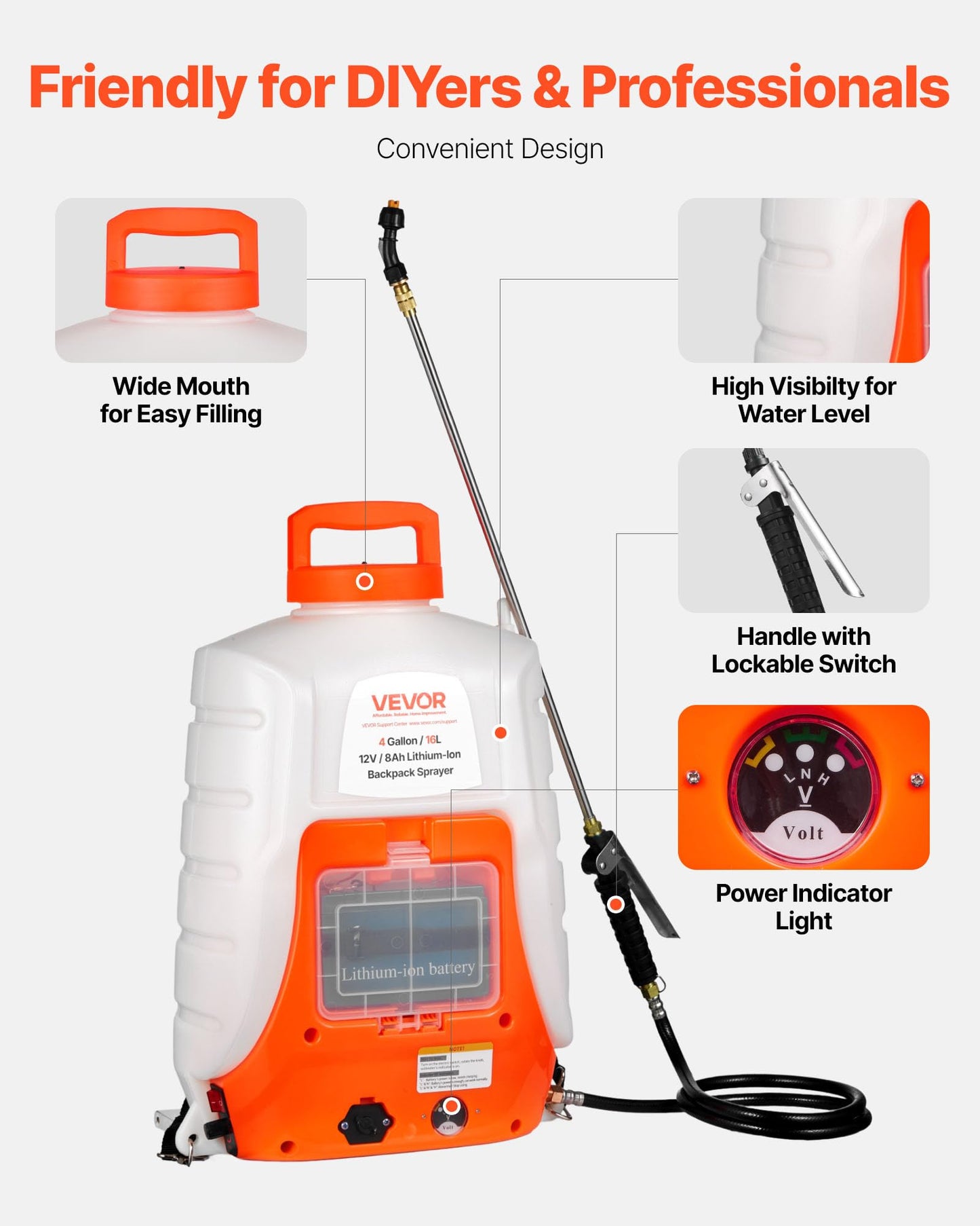VEVOR Battery Powered Backpack Sprayer, 4 Gallons Electric Lawn Sprayer with 8 Nozzles & 2 Telescopic Wands, 90PSI Adjustable Pressure, 4-6 Hour Runtime, Yard Sprayers for Lawn and Garden