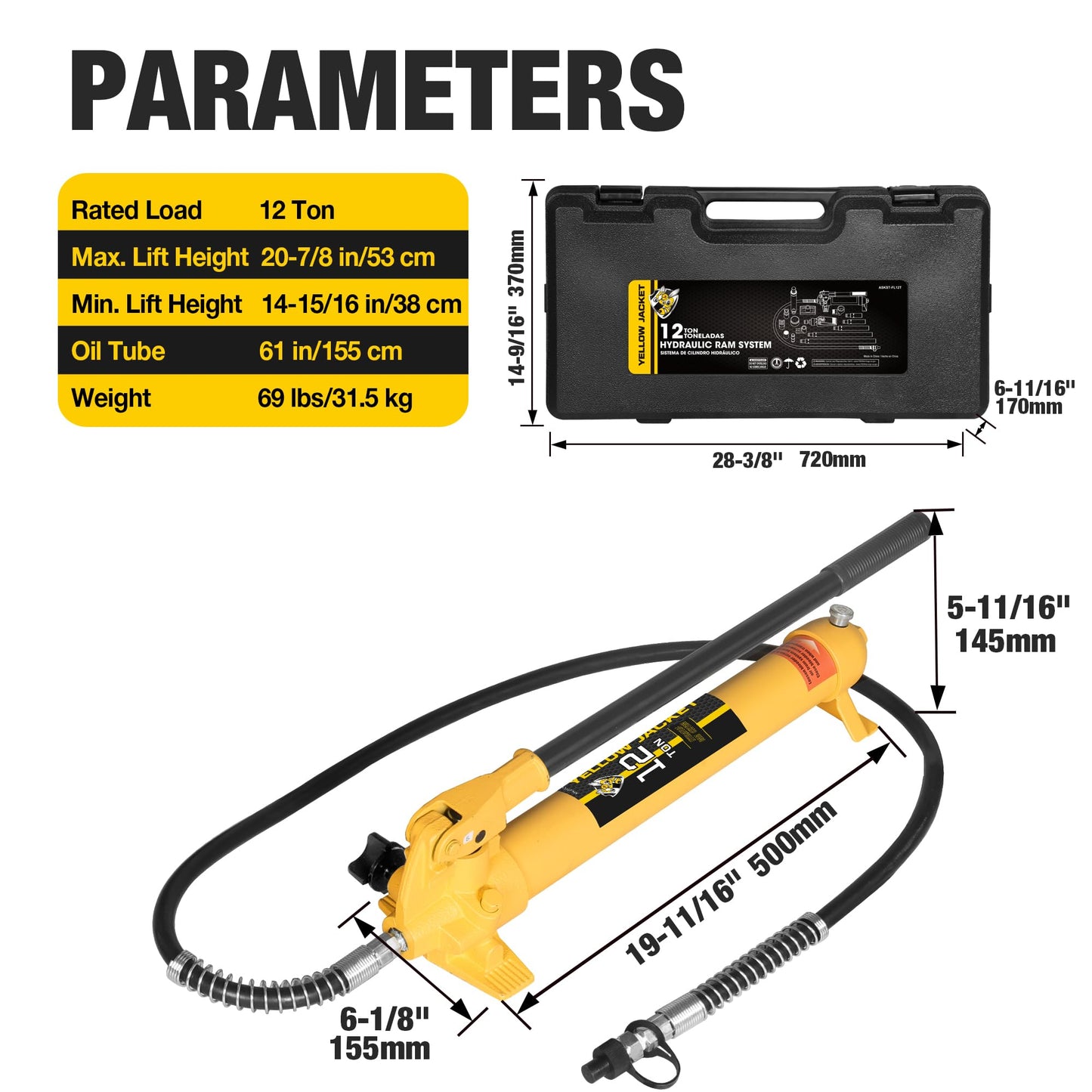 YELLOW JACKET 12 ton Porta Power Kit Hydraulic Ram Jack Pusher Puller Auto Body Frame Repair Tool with Blow Mold Carrying Storage Case for Car Repair,Truck,Farm