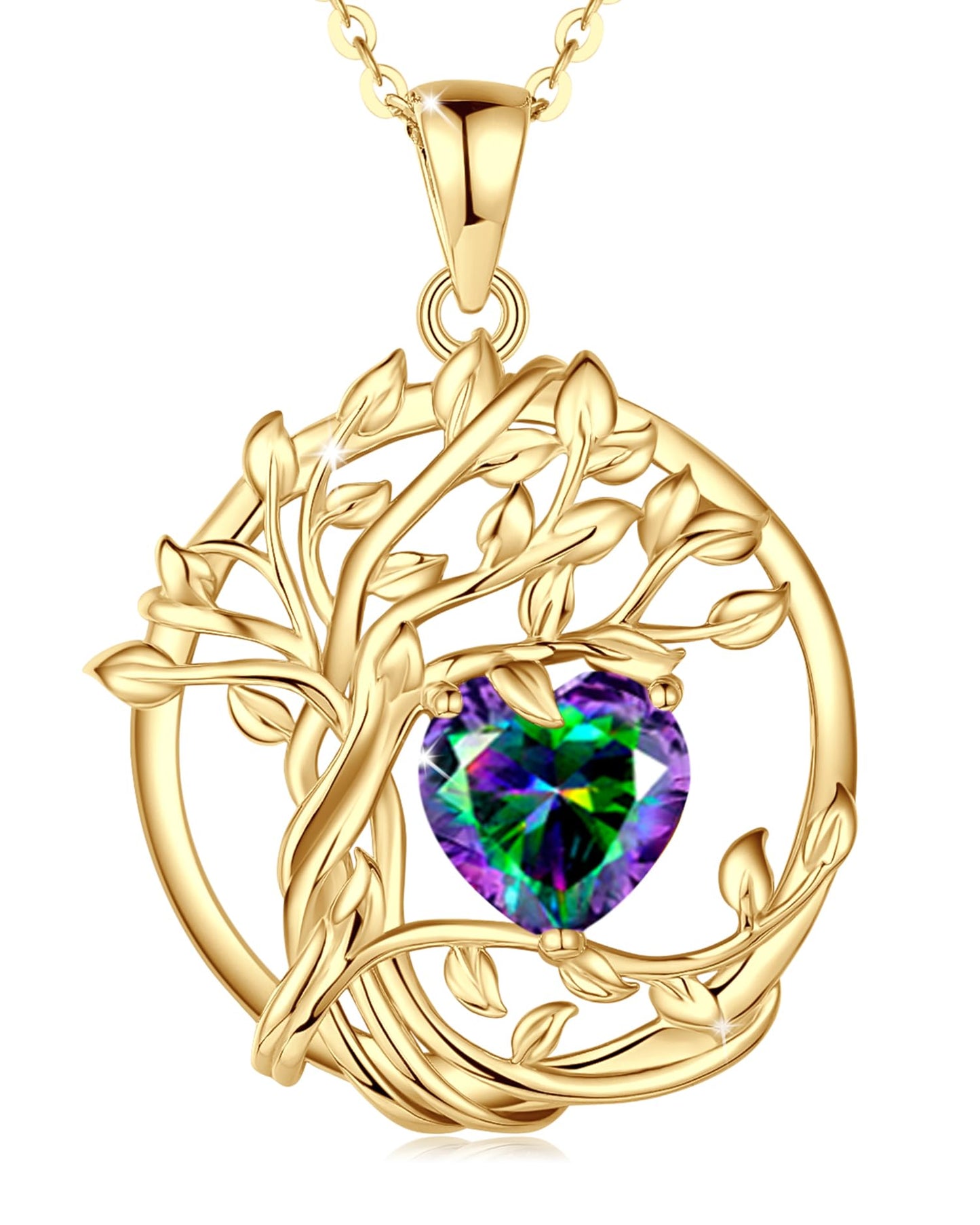 FANCIME Tree of life Birthstone necklace for women Sterling Silver Yellow Gold Plated Alexandrite Pendant June Birthstone Necklace Gemstone Birthday Mothers Day Gifts for Mom Wife Her
