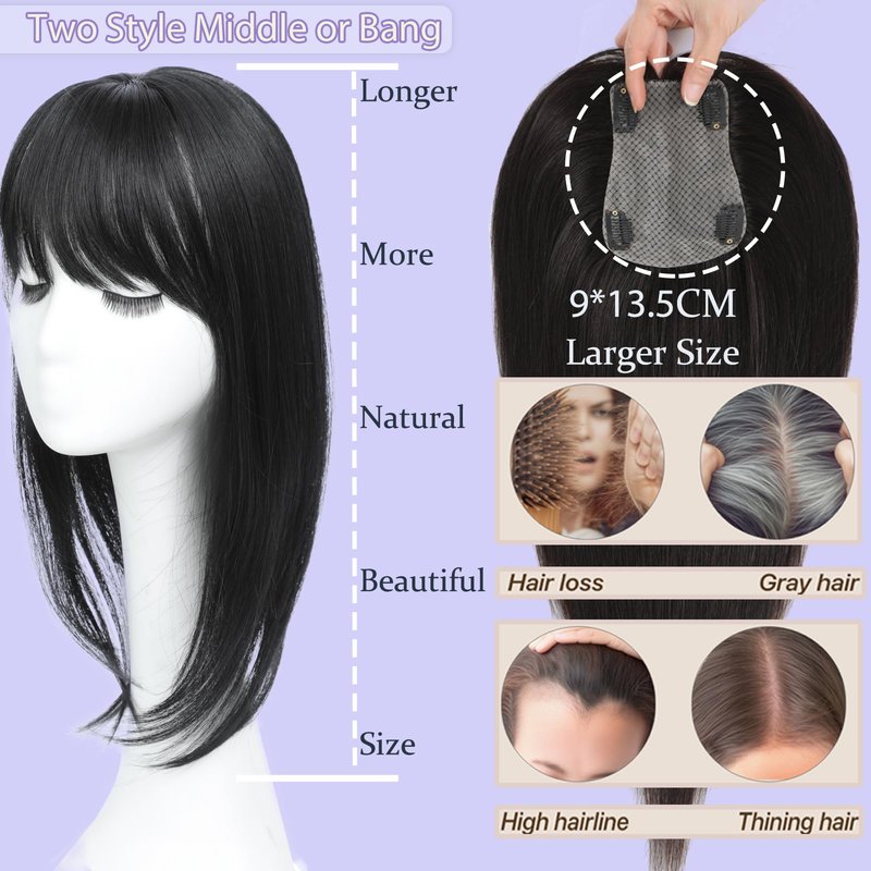RMYHIG Hair Topper, 360° 3D Hair Toppers for Women with Thinning, 18 Inch Long Pieces for Women Clip in Wispy or Side Bangs(Dark Brown with High lights, 3D Wispy Bangs)