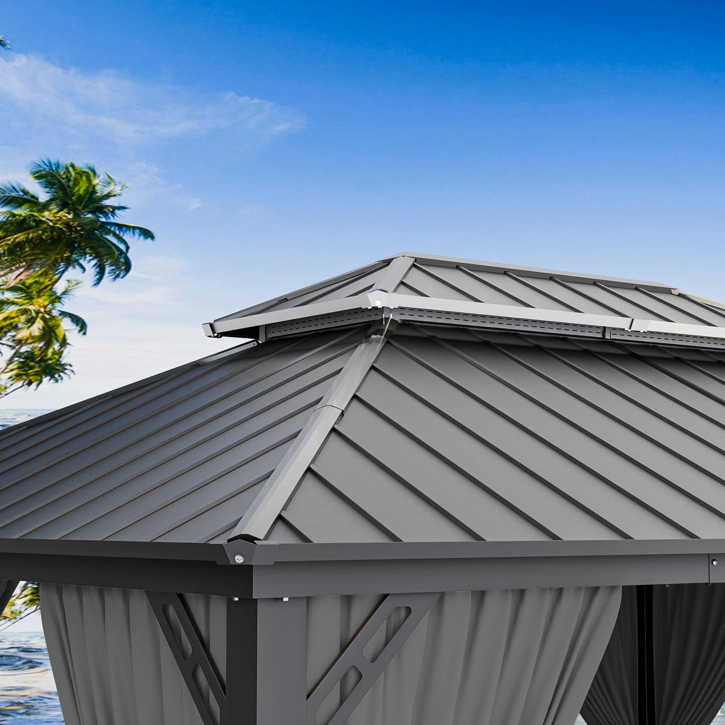 RTDTD 12' x 20' Hardtop Gazebo,Outdoor Aluminum Frame Permanent Pavilion Double Galvanized Steel Roof Pergola with Nettings and Curtains for Patio Lawns Backyard Deck,Grey