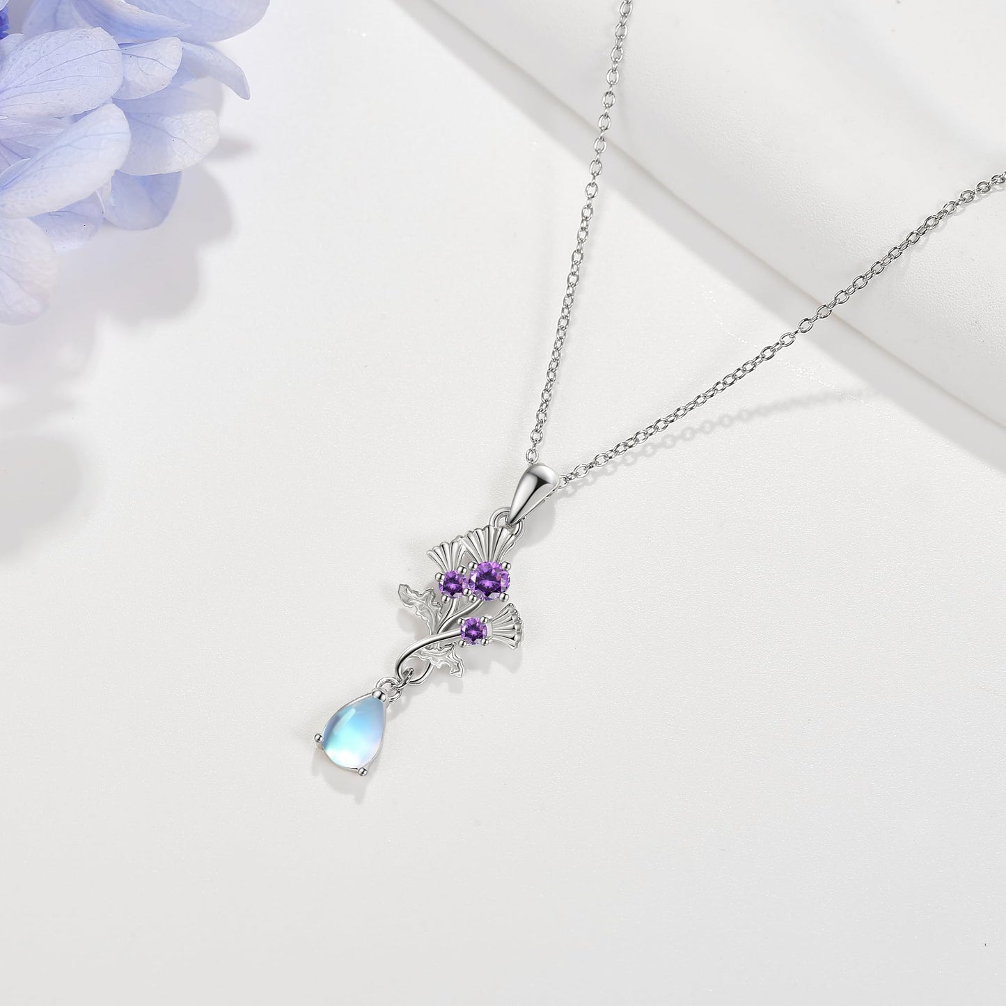 YAFEINI Scottish Thistle Necklace 925 Sterling Silver Moonstone Thistle Pendant Scotland Mother's Day Jewelry for Women Mom