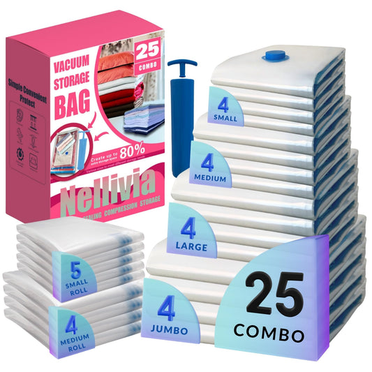 25 Pack Vacuum Storage Bags with Pump, Compression Space Saver for Comforter, Bedding, Blanket Storage, Vacuum Seal Bags for Clothing, Travel Luggage Suitcase and Closet Organizer