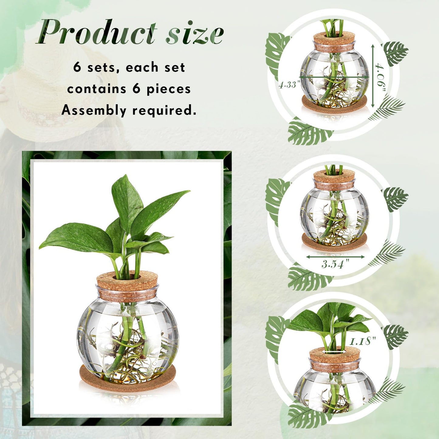 Baderke 6 Packs Propagation Vases for Plants Plastic Plant Propagation Station with Hole Lid and Cork Coasters Plant Growing in Water Hydroponic Home Office Table Decoration(Fish Bowl Style)