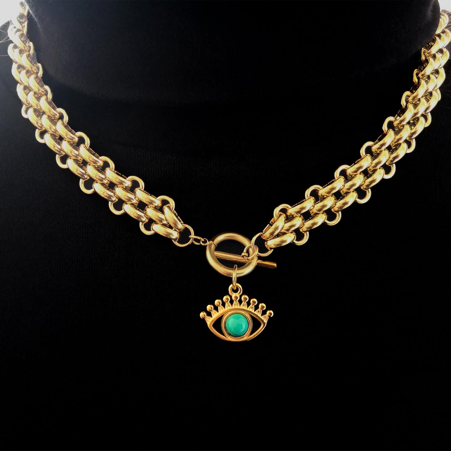 jomjeu Chunky Gold Necklace for Women Evil Eye Necklaces 18K Gold Plated Stainless Steel Chain Pendant Necklace Classic Trendy Toggle Thick Gold Necklaces Jewelry Gifts for Women