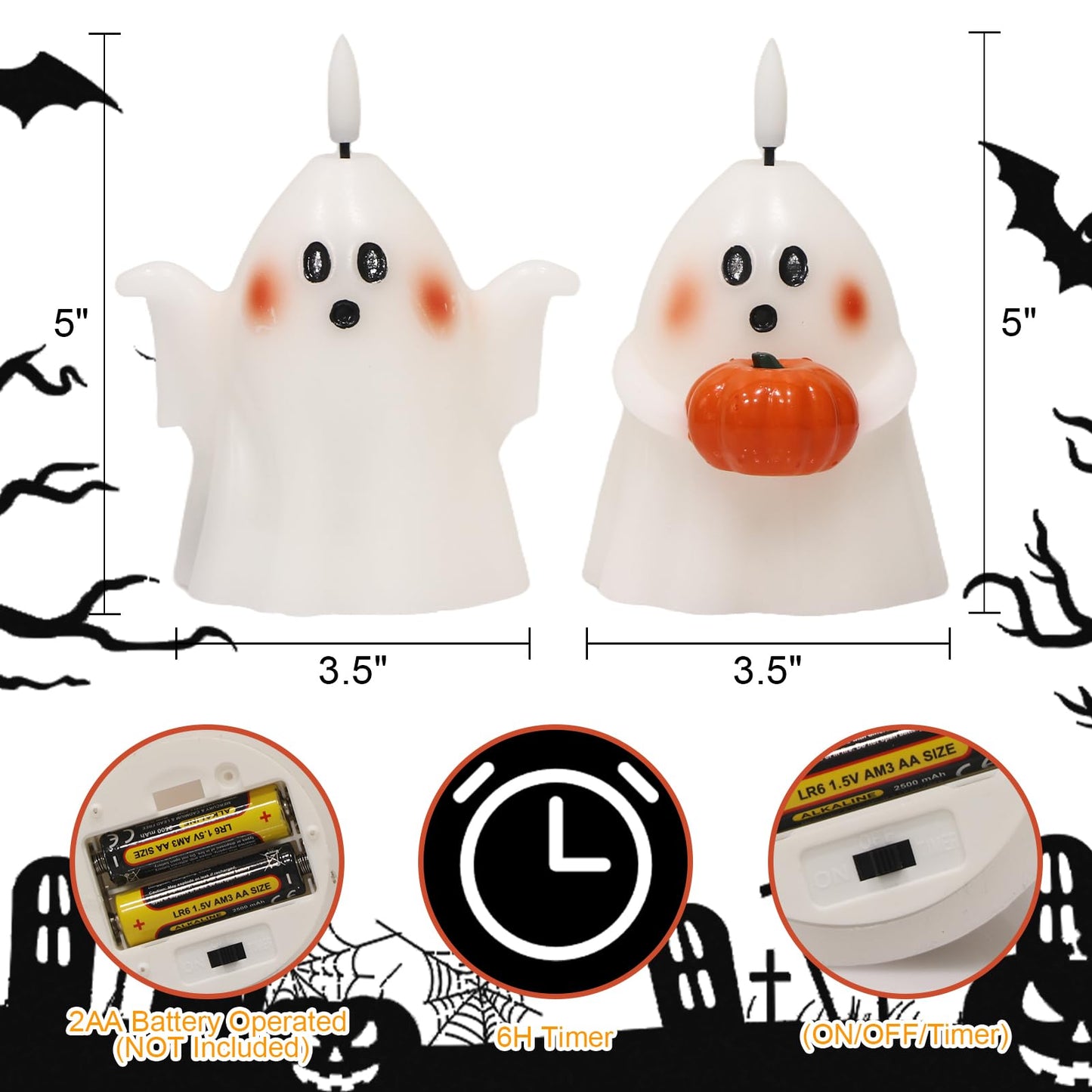 Eldnacele Spooky Ghost Halloween Flameless Candles with Timer Set of 2 Battery Operated LED Pillar Candles Ghost Light Real Wax 3D Wick Flickering Long Lasting Home Indoor Decor(3.5" D x5 H)"