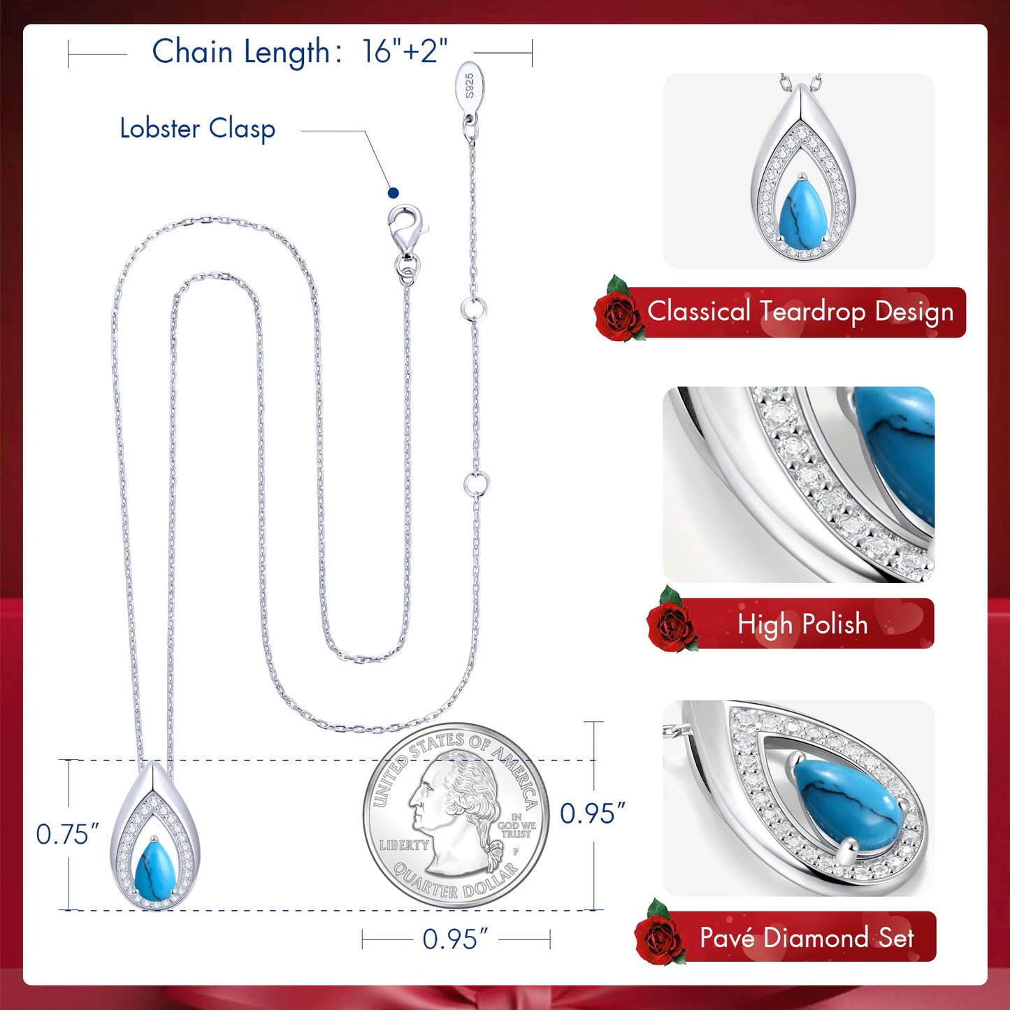 Kstyle 925 Sterling Silver Turquoise December Birthstone Pendant Necklace Teardrop Jewelry Valentine's Day Anniversary Birthday Gift for Mom Sister Daughter Girlfriend Her Non Tarnish