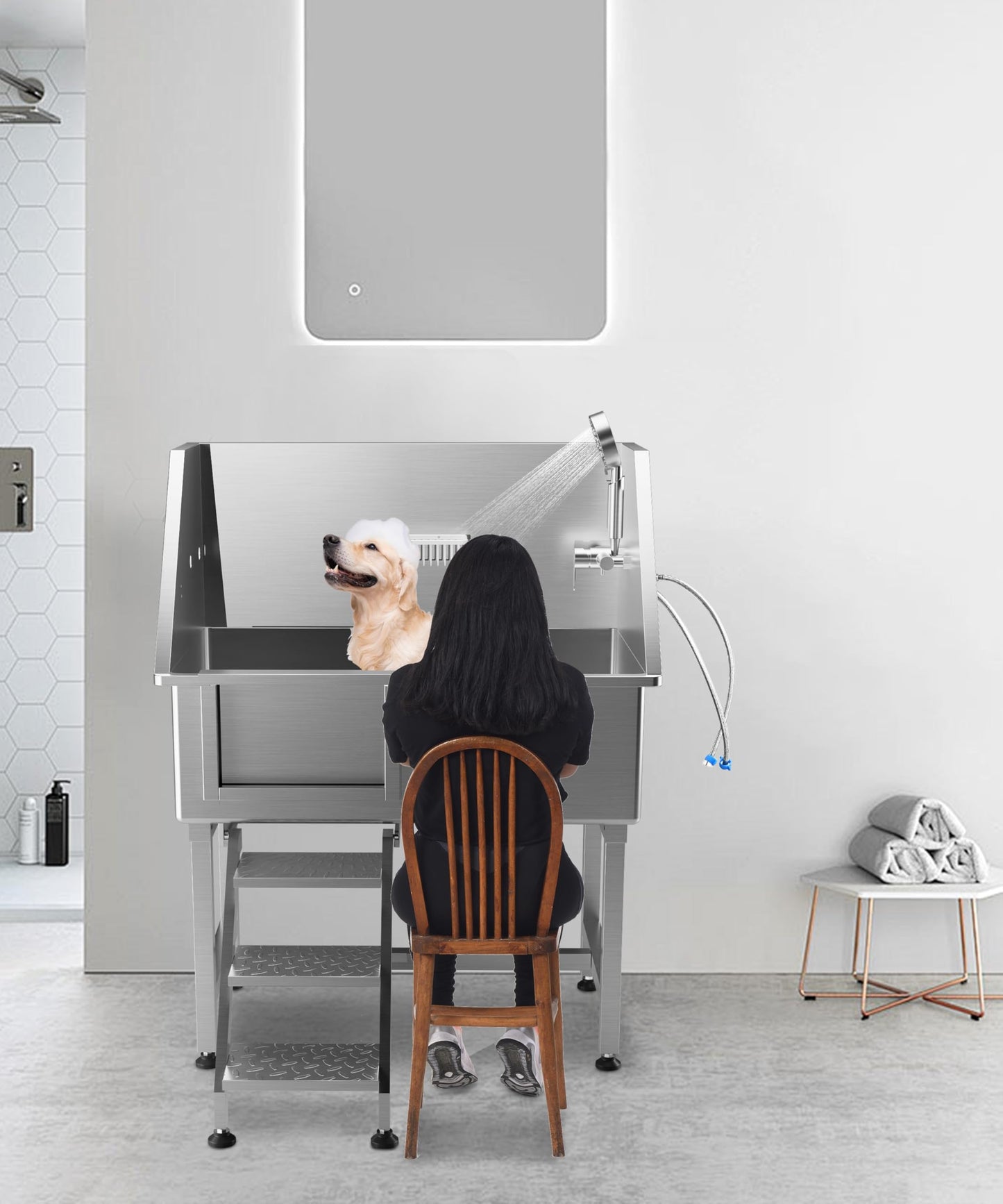 GAOMON 38" Dog Grooming Bathtub, Professional Stainless Steel Pet Dog Bathing Station for Medium,Small Pets, Left Door & Stairs with Faucet, Sprayer, Drain