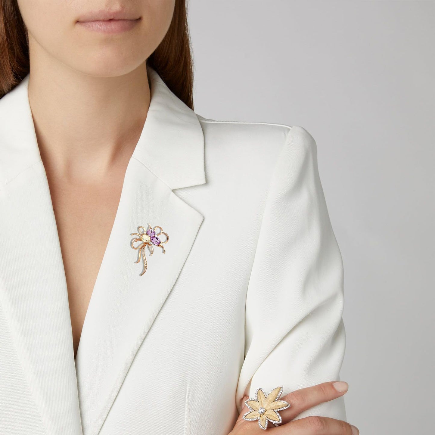 EMEGCY Purple Crystal Flower Brooch for Women Gold Plated Bow Brooch Pins Waterdrop Flower Pin Birthstone Jewelry Birthday Gift for Wife Girlfriend