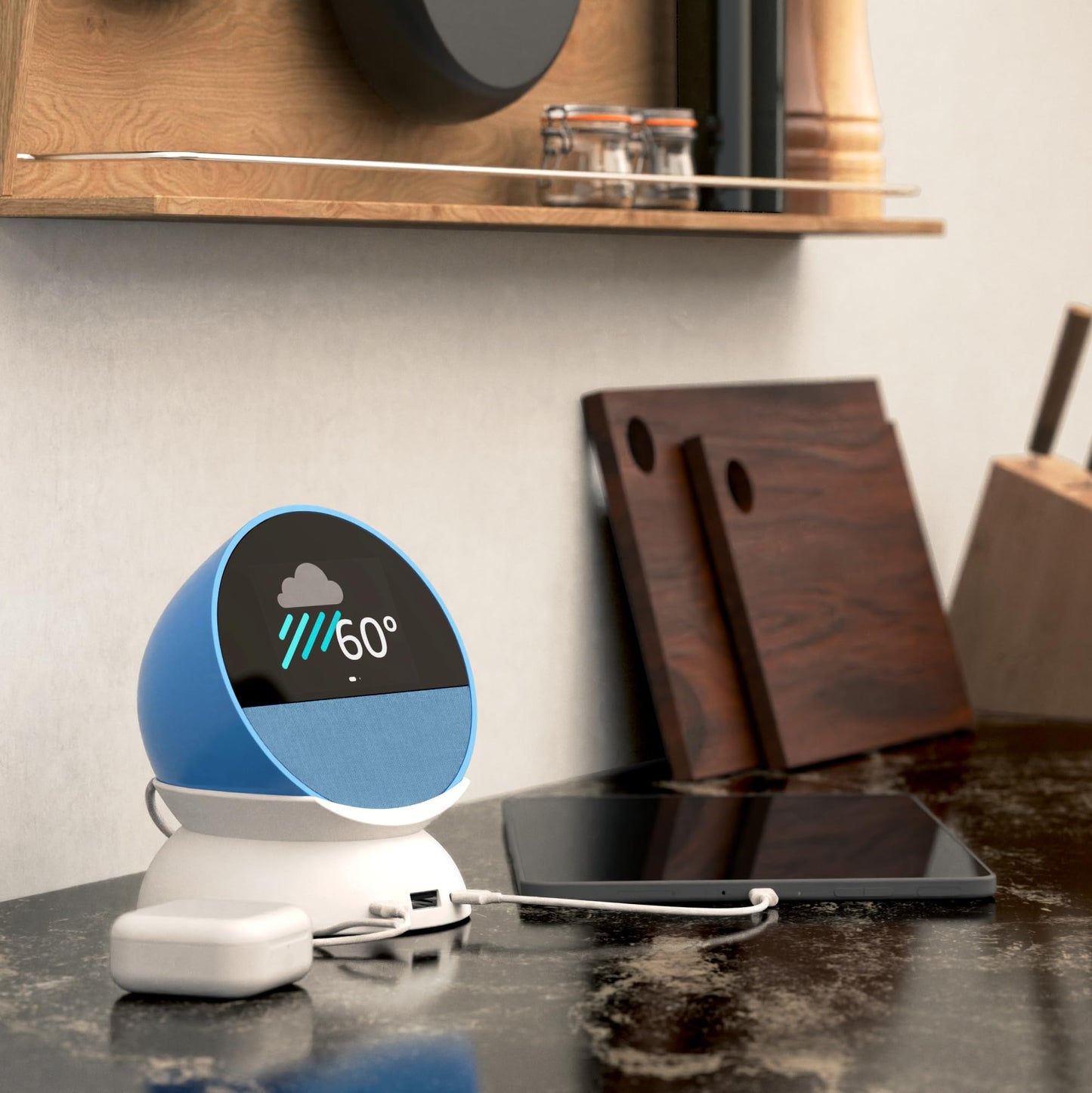 Echo Spot Bundle: Includes Echo Spot | Ocean Blue & Made for Amazon Stand with USB-C and USB-A Charging Ports | Glacier White