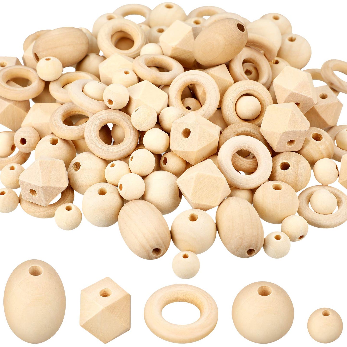 200 Pcs Natural Wood Beads Bulk 4 Styles Round Wood Hexagon Polygon Wooden Bird Spacer Unfinished Geometric Beads for DIY Crafts Garland Jewelry