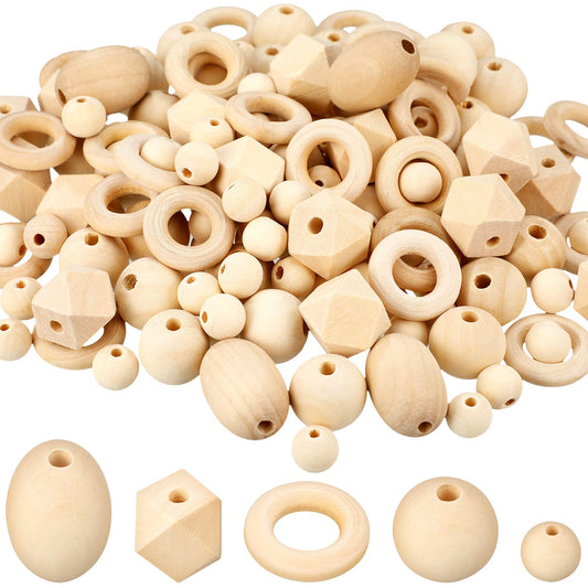 200 Pcs Natural Wood Beads Bulk 4 Styles Round Wood Hexagon Polygon Wooden Bird Spacer Unfinished Geometric Beads for DIY Crafts Garland Jewelry