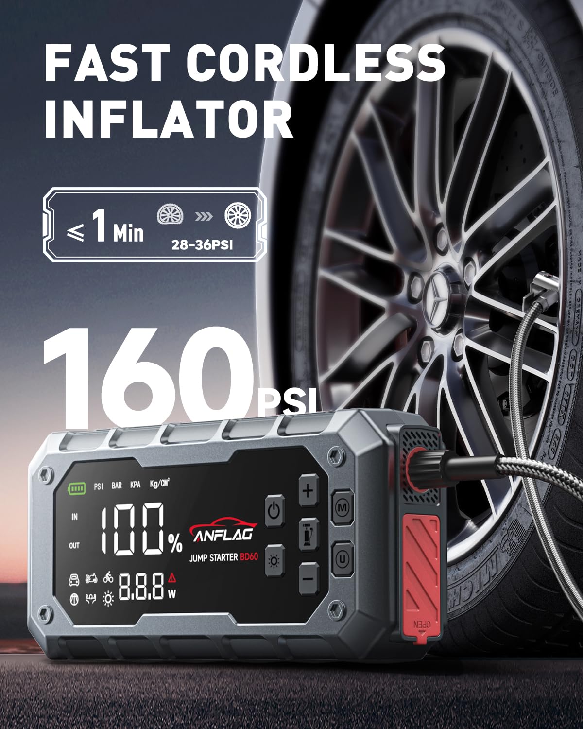 ANFLAG 10-in-1 Car Jump Starter with Air Compressor, 8000A 160PSI Jump Starter Jump Box(All Gas/14L Diesel), PD65W Charging Battery Jumper Starter Portable Jumper Cable with 160W DC, Gloves, Lights
