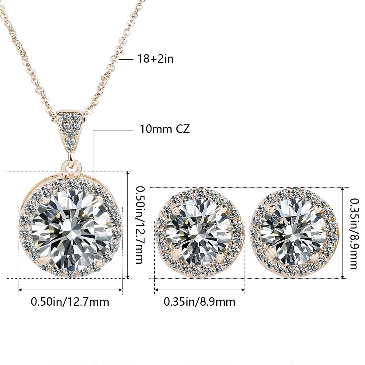 AMYJANE Crystal Jewelry Set Bride Bridesmaids - 14k Gold Plated Sterling Silver Round Cubic Zirconia Crystal cz Bridal Pendant Necklace Earrings Set for Women Party Prom