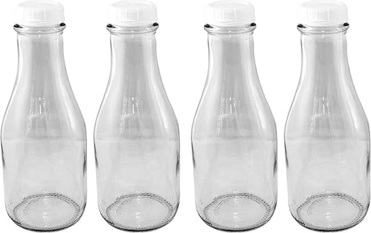 The Dairy Shoppe Glass Milk Bottle, Heavy Glass with Extra Lid, Creamery Style with Extra Caps (4, Round Quart)
