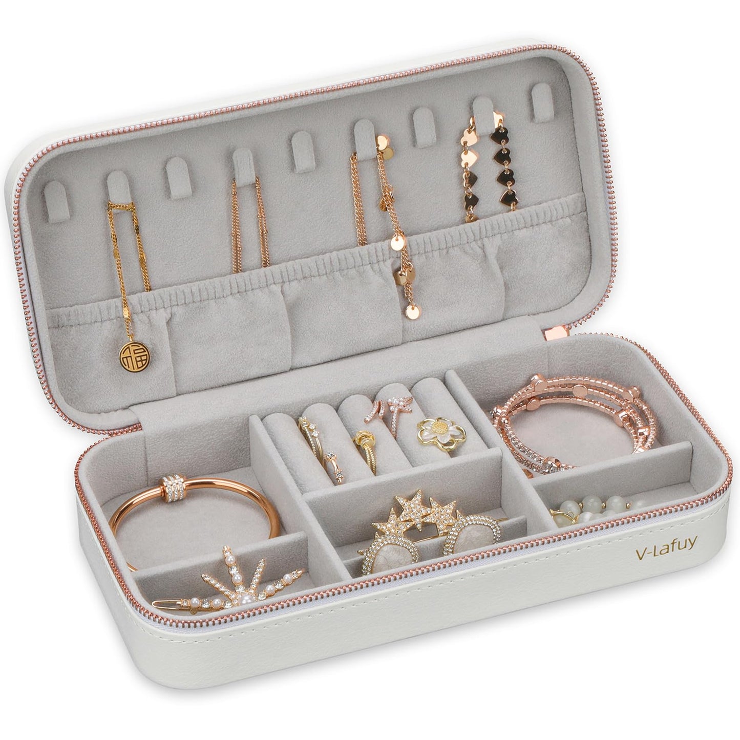 V-LAFUY Jewelry Box Small Jewelry Boxes, PU Leather Portable Travel Jewelry Case, Large Capacity for Rings Earrings Necklaces Bracelets Watch, White C