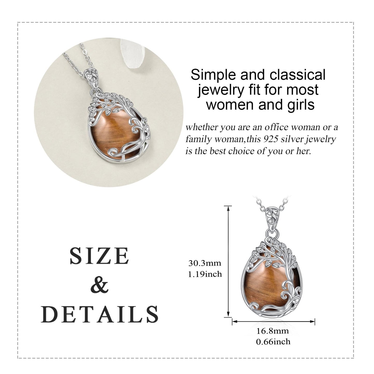 YAFEINI 925 Sterling Silver Tiger Eye Stone Necklace Tree of Life Teardrop Pendant Necklace Jewelry for Women (XX-Tiger Eye Stone Tree of Life Necklace)