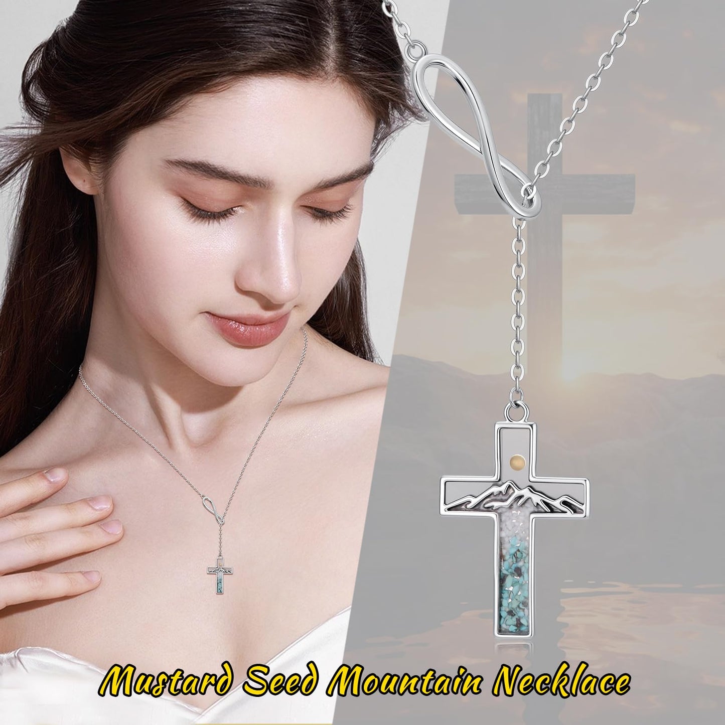 Suiknsn Mustard Seed Necklace for Women 925 Sterling Silver Turquoise Mountain Y-Necklace Faith Cross Pendant Necklace Christian Jewelry Nature Hiking Gifts for Girlfriend