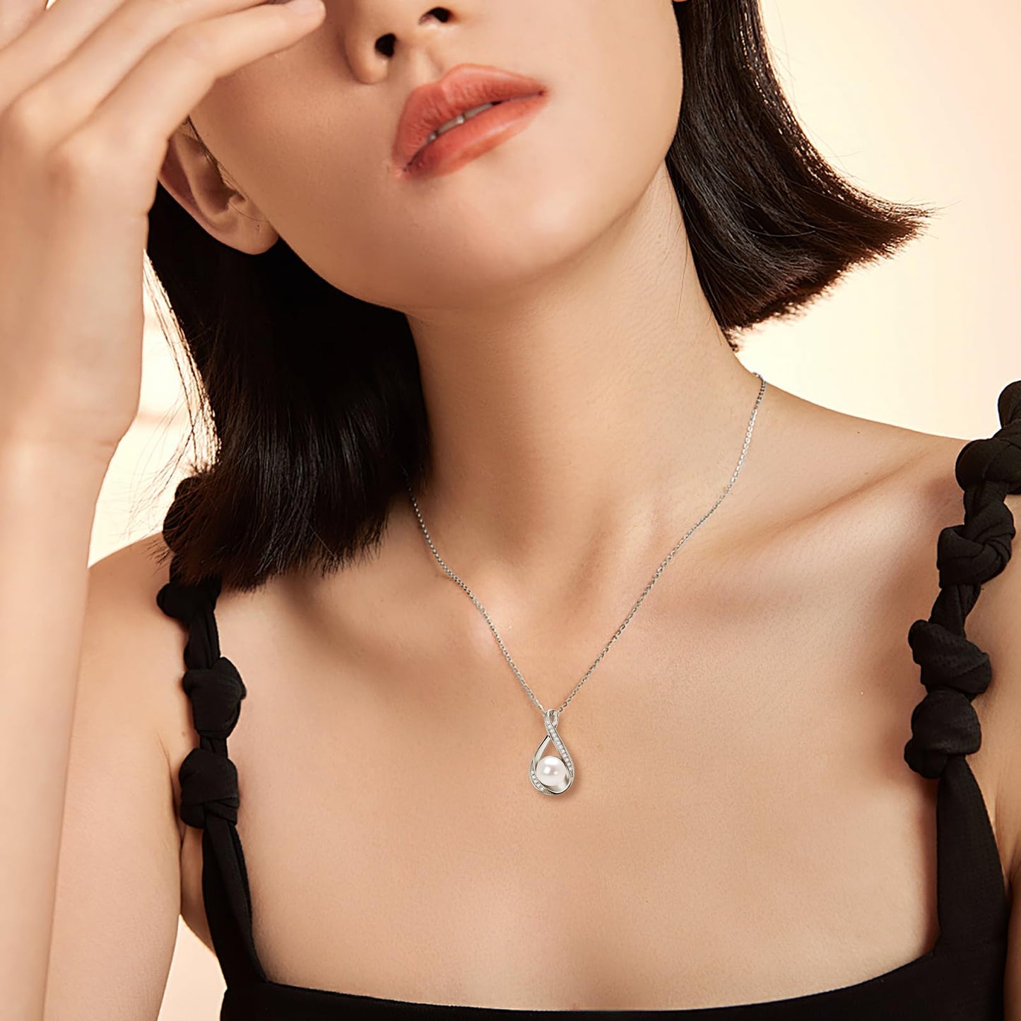 Pearl Necklace for Women, Sterling Silver Freshwater Cultured Dainty Single Pearl Pendant Necklace with Moissanite Wedding Jewelry Gift for Bride Bridesmaid (9mm)