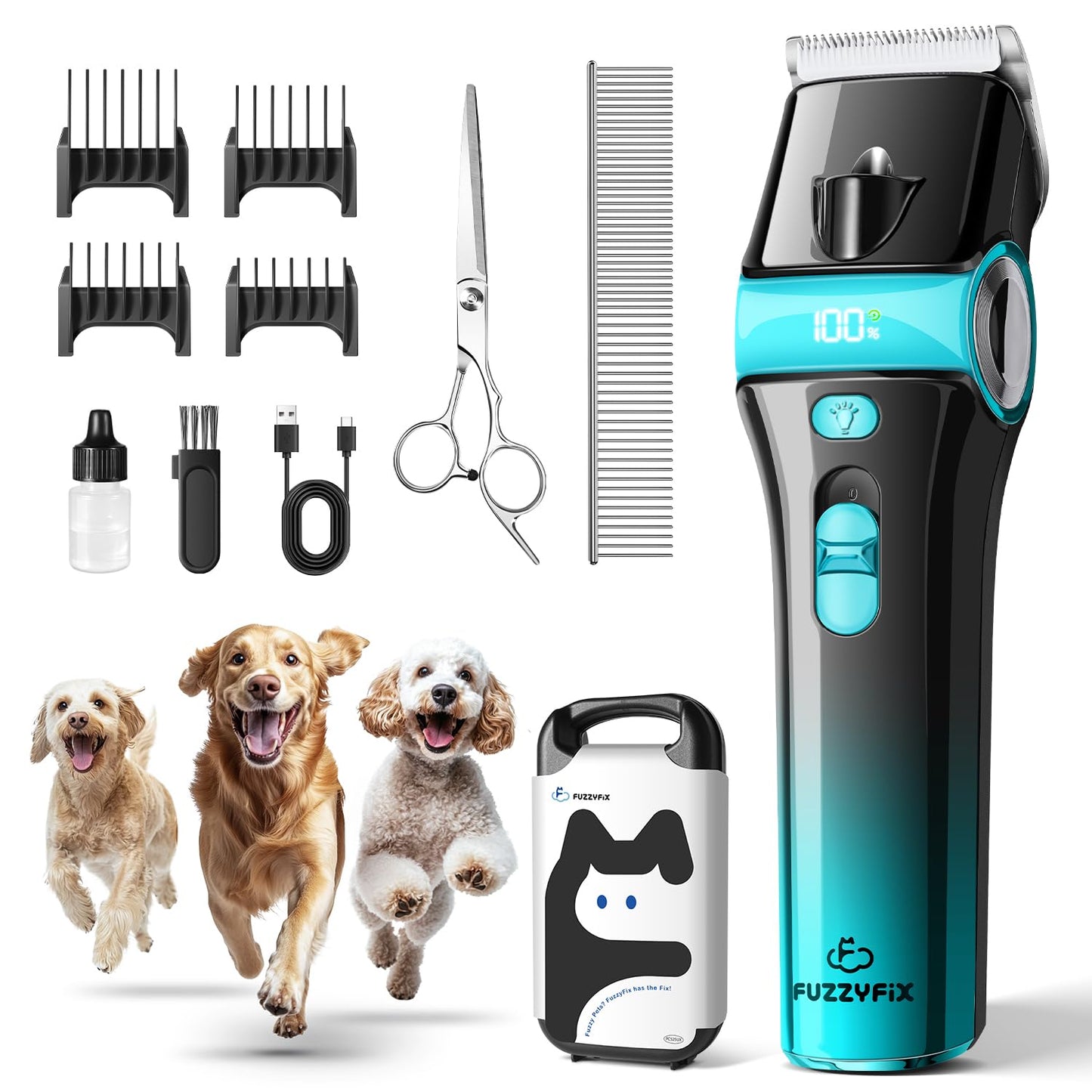 FuzzyFix Dog Clippers for Grooming with 5-in-1 Blade, Dog Grooming Kit Cordless Rechargeable Hair Trimmer Detachable Stainless Steel Blade Pet Shaver for Small Puppy Paw Face Head Body
